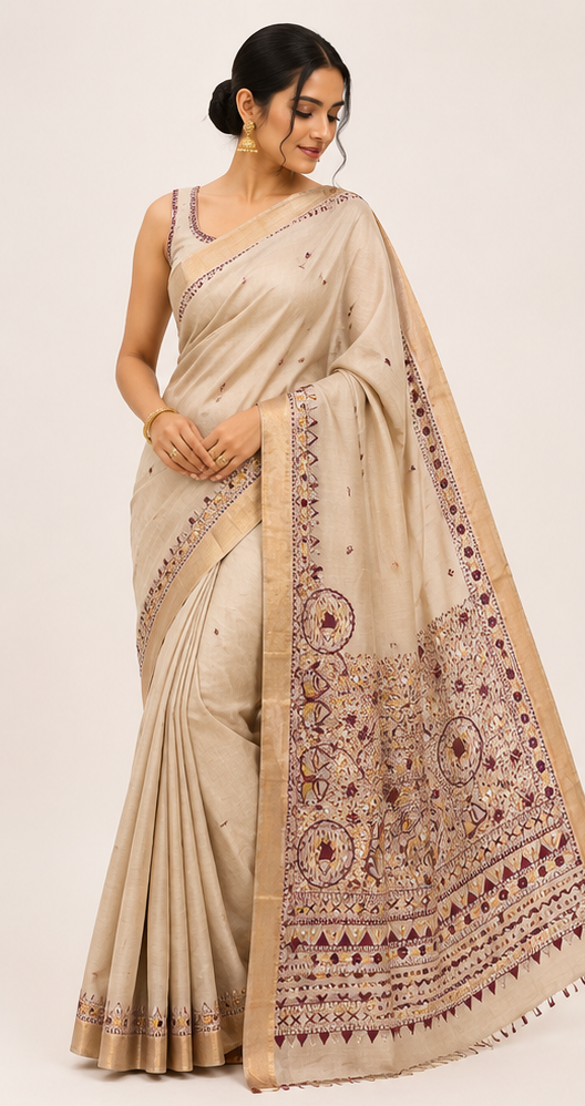 Handpainted Madhubani Tussar Munga Silk Saree with Zari Border