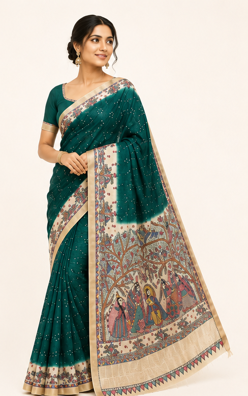 Handpainted Madhubani Tussar Munga Silk Saree with Bandhani Fusion - Rasleela Theme