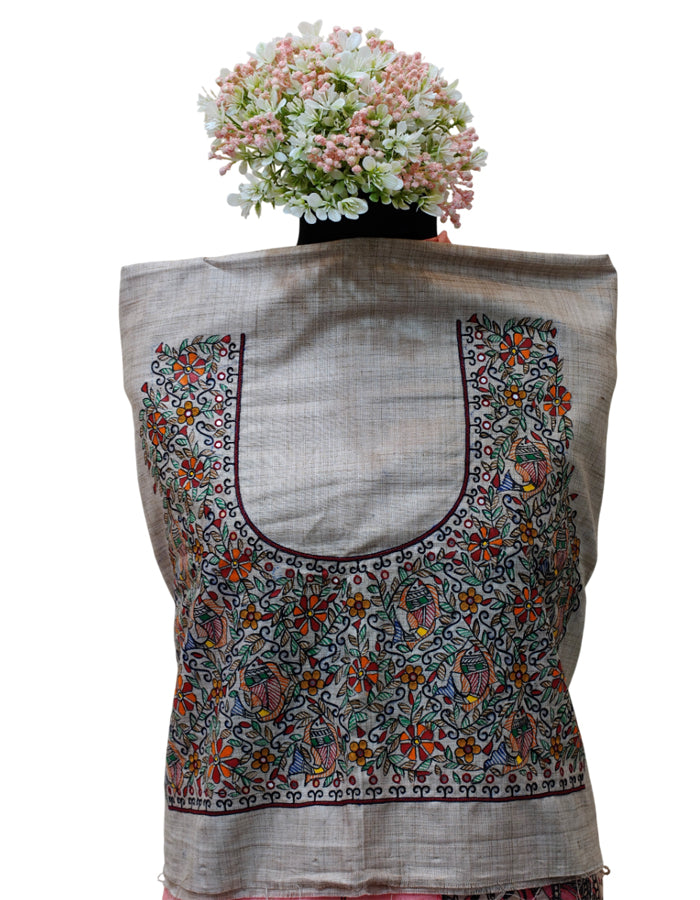 Hand-painted Madhubani Blouse Piece on Cotton - Floral and Fish