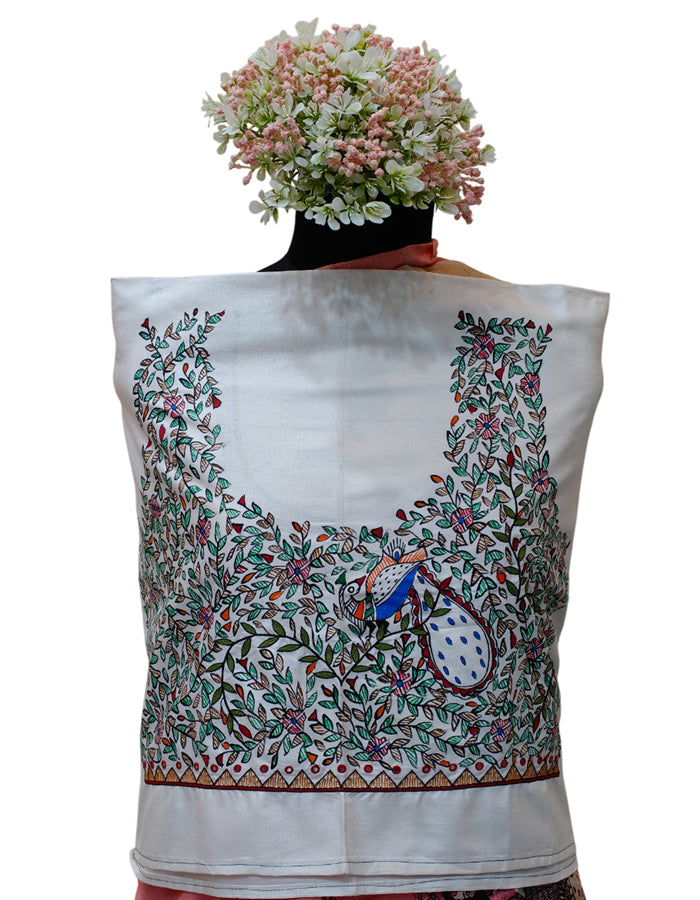 Hand-painted Madhubani Blouse Piece on Half Tussar Silk - Off White