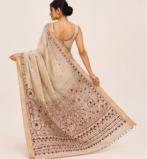 Handpainted Madhubani Tussar Munga Silk Saree with Zari Border