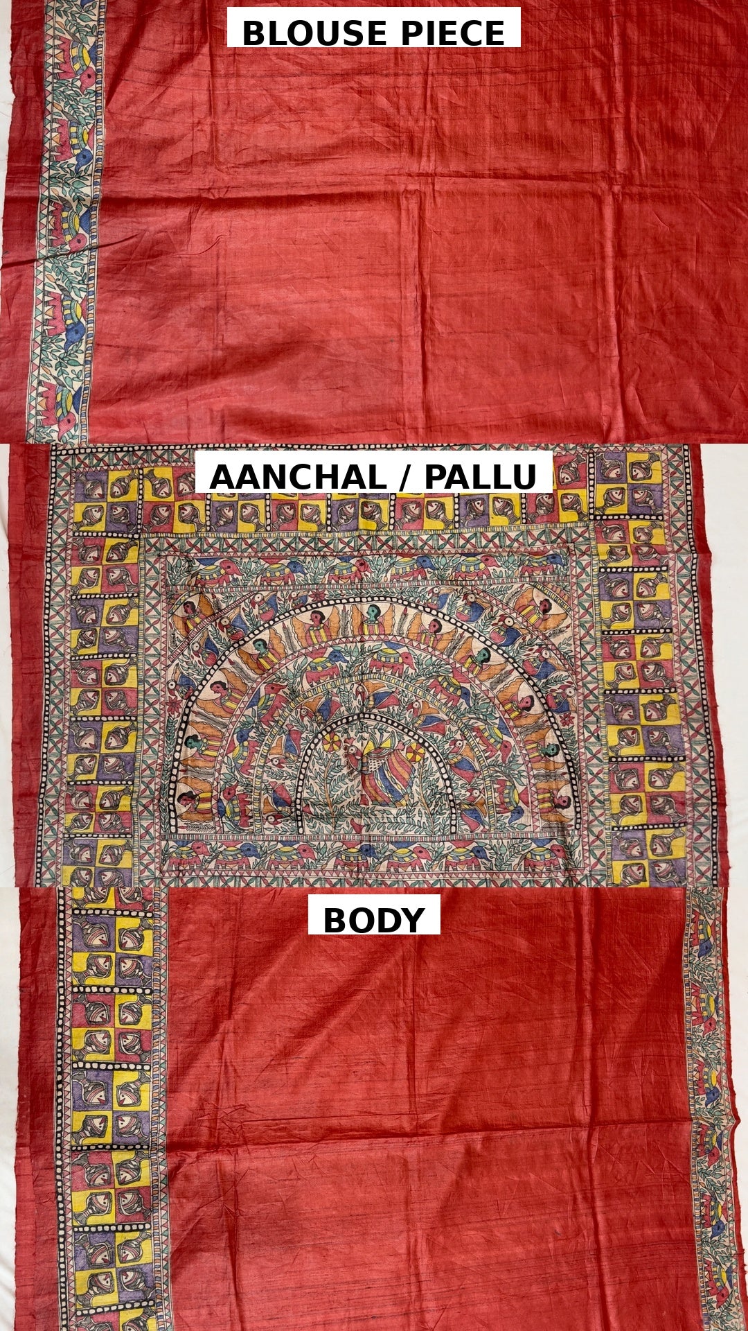 Handpainted Madhubani Desi Tussar Silk Saree in Red with Godhna Style- Fish, Elephant, Peacock Motifs