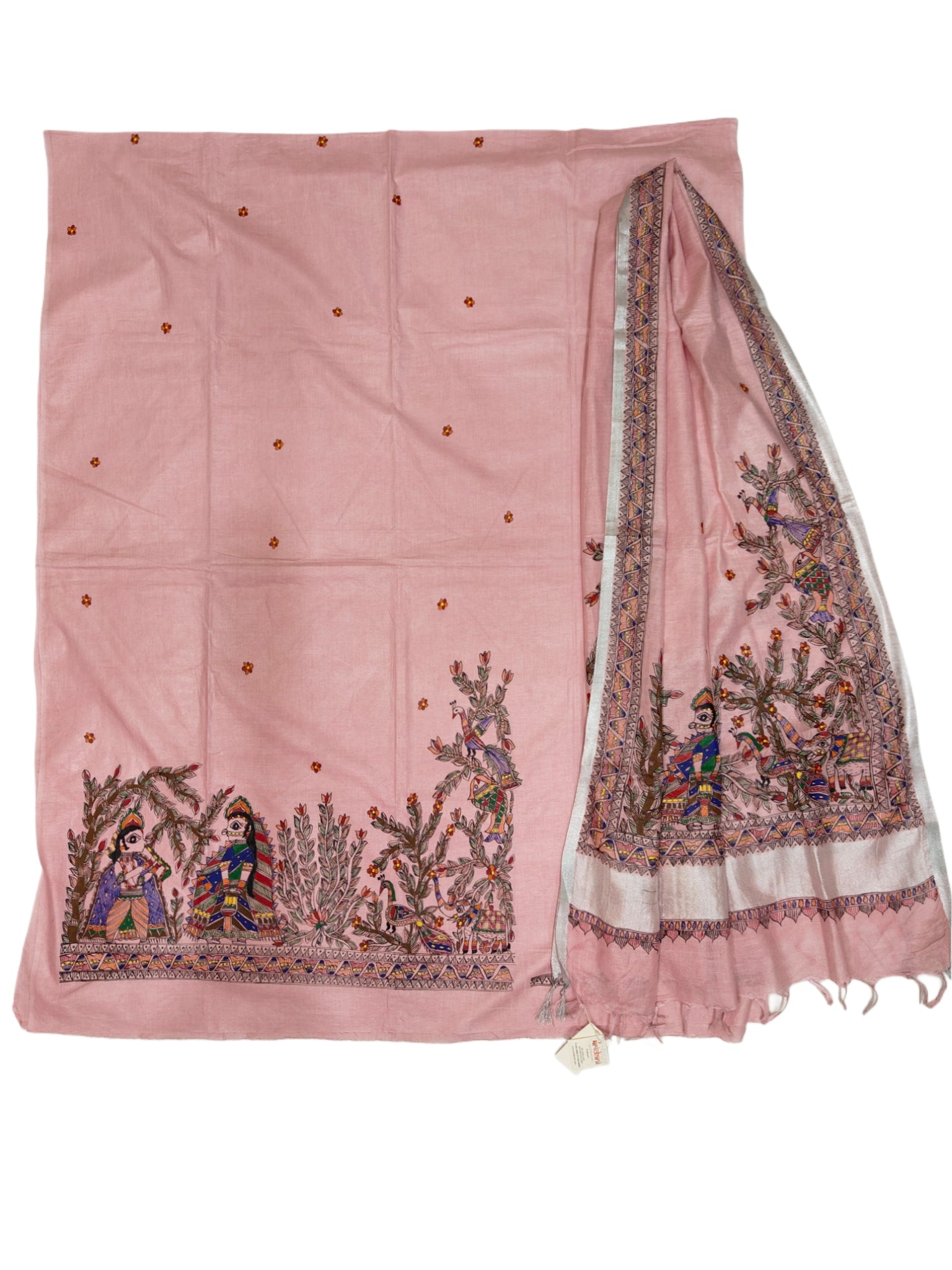 Hand-painted Madhubani Radha Krishna Unstitched Suit Set on Cotton in Blush Pink