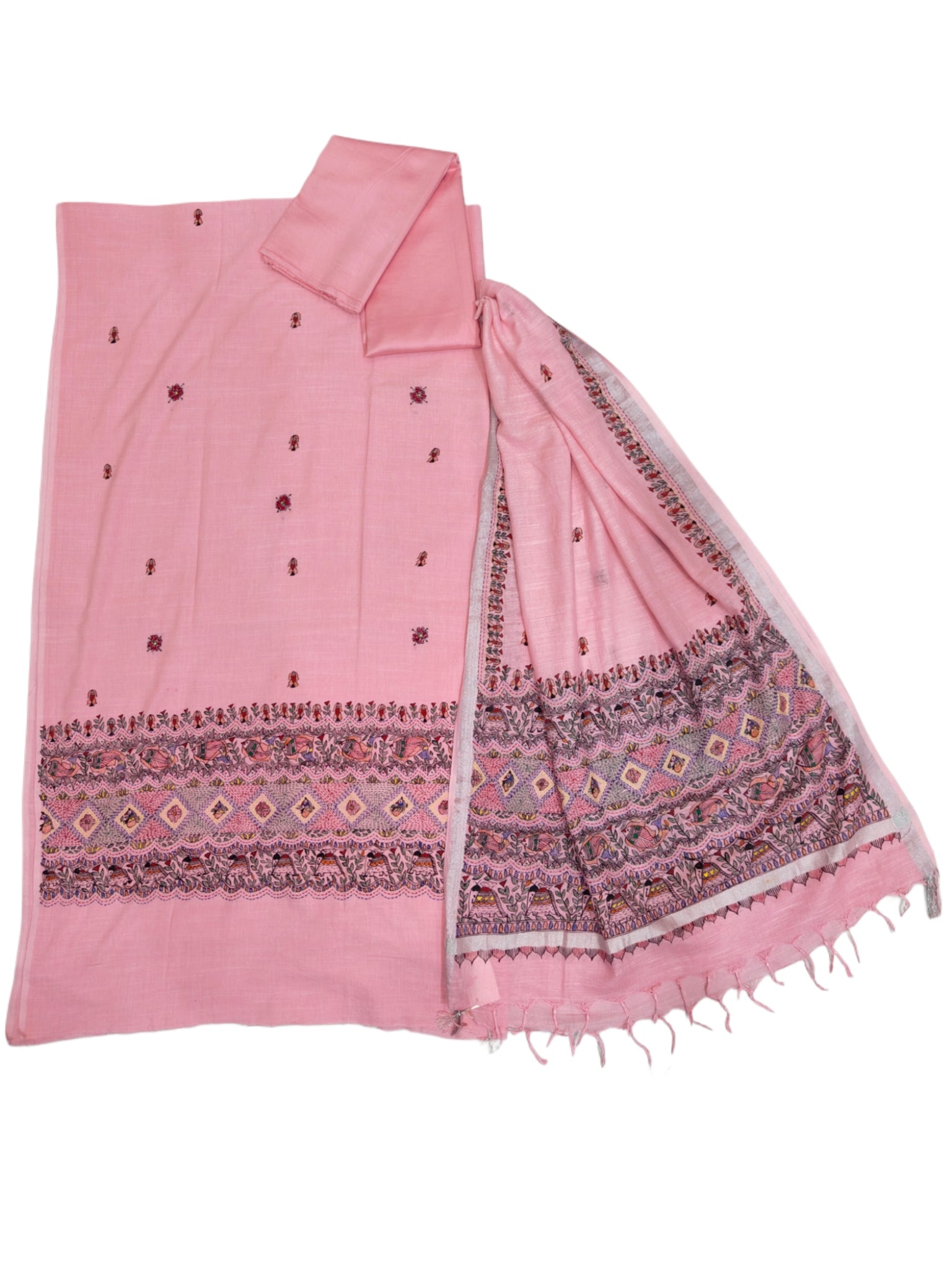 Hand-painted Madhubani with Sujni Embroidery Unstitched Suit Set on Cotton in Soft Pink