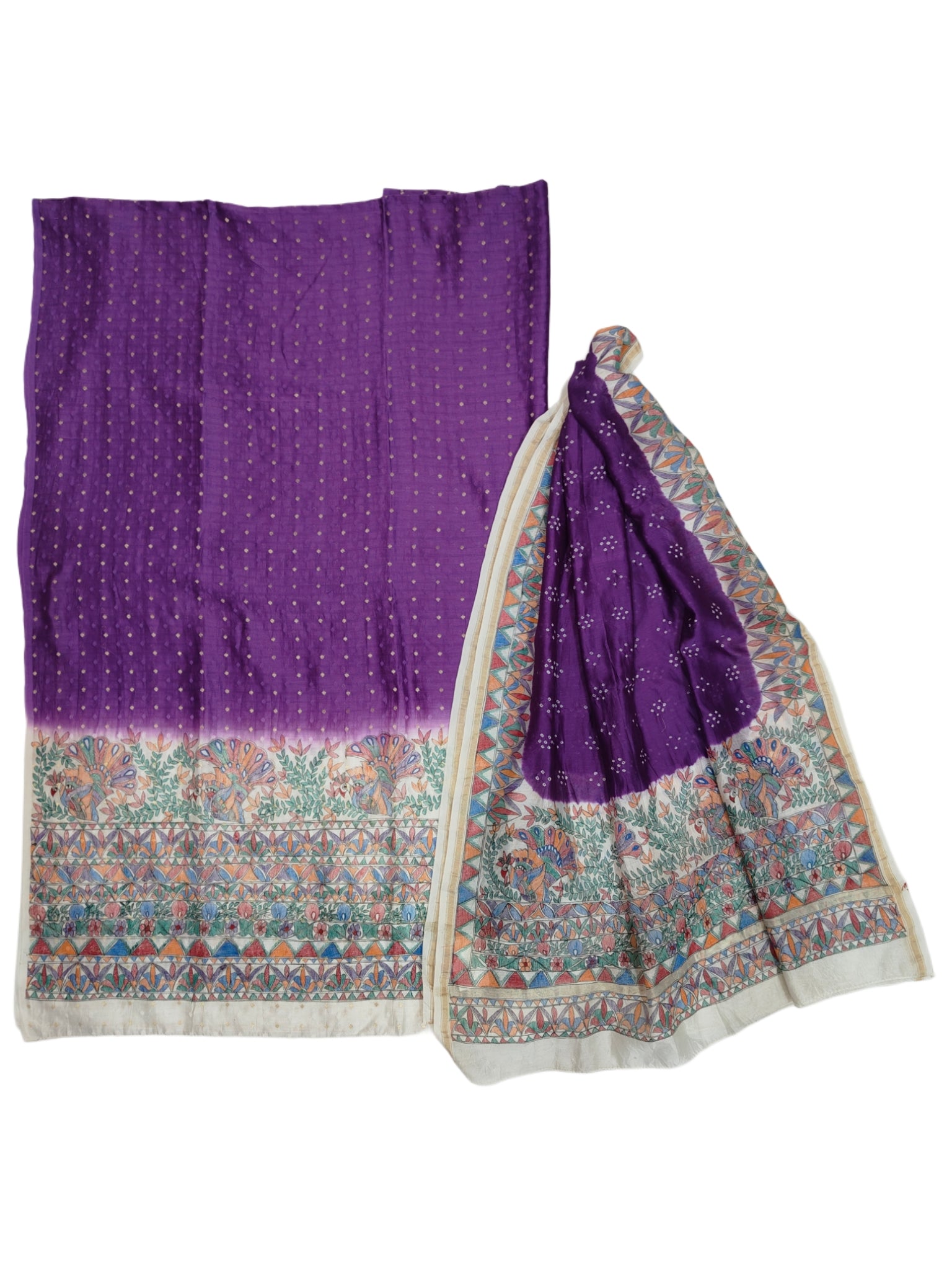 Hand-painted Madhubani with Bandhani - Unstitched Suit Set on Chanderi - Purple
