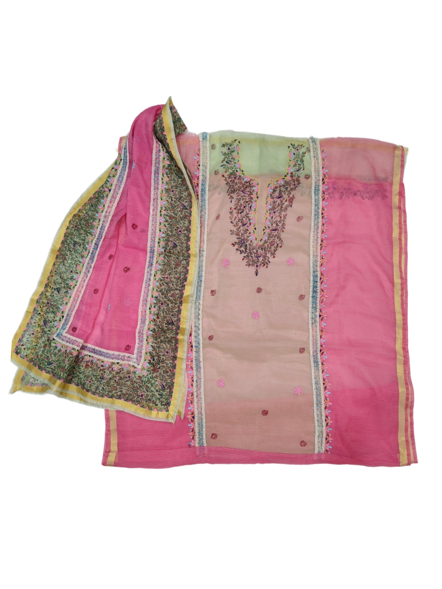 Pastel Green & Pink Soft Kota Doria - Unstitched Suit Set with Phool Patti Work