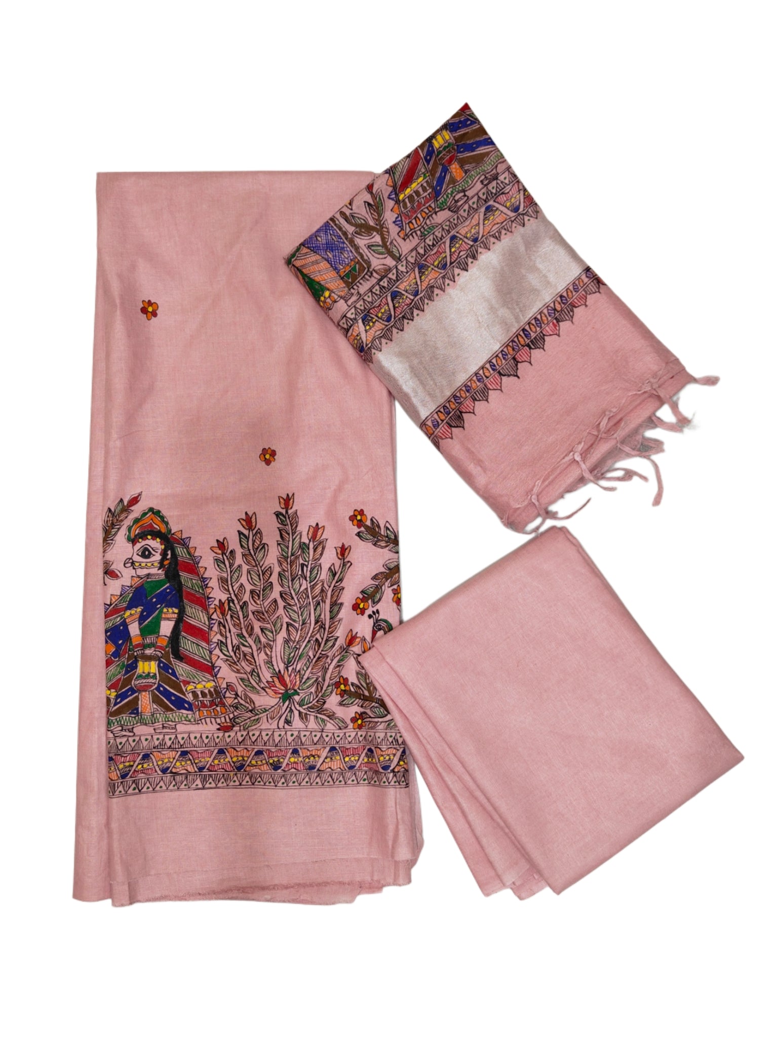 Hand-painted Madhubani Radha Krishna Unstitched Suit Set on Cotton in Blush Pink