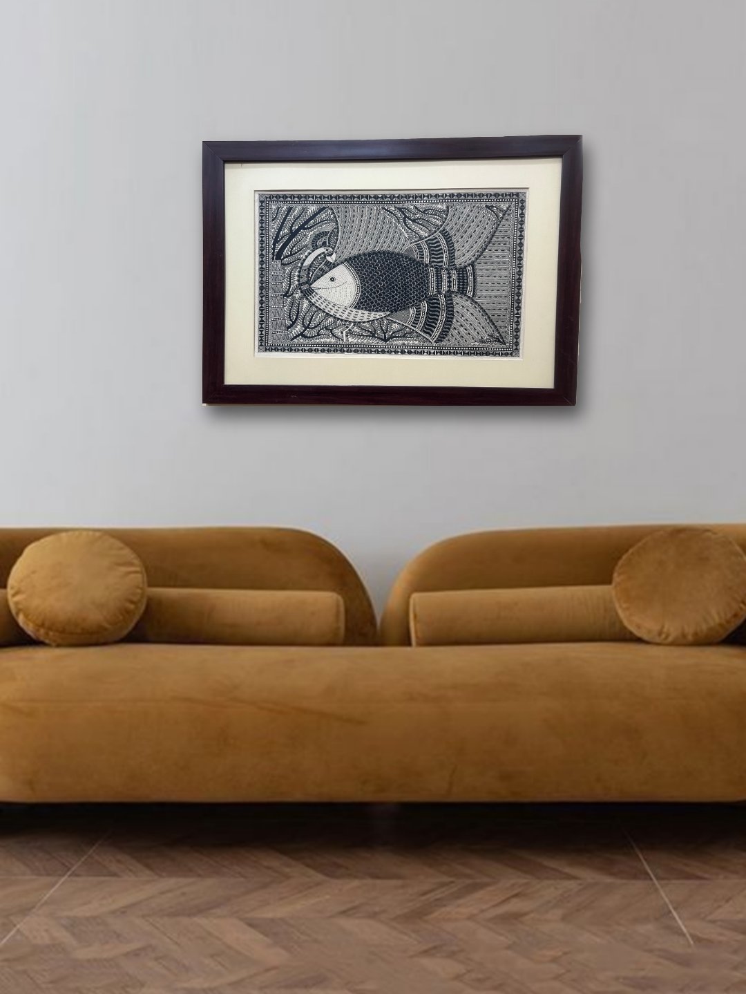 Hand painted Madhubani Painting on Handmade Paper - Fish and Peacock Motif