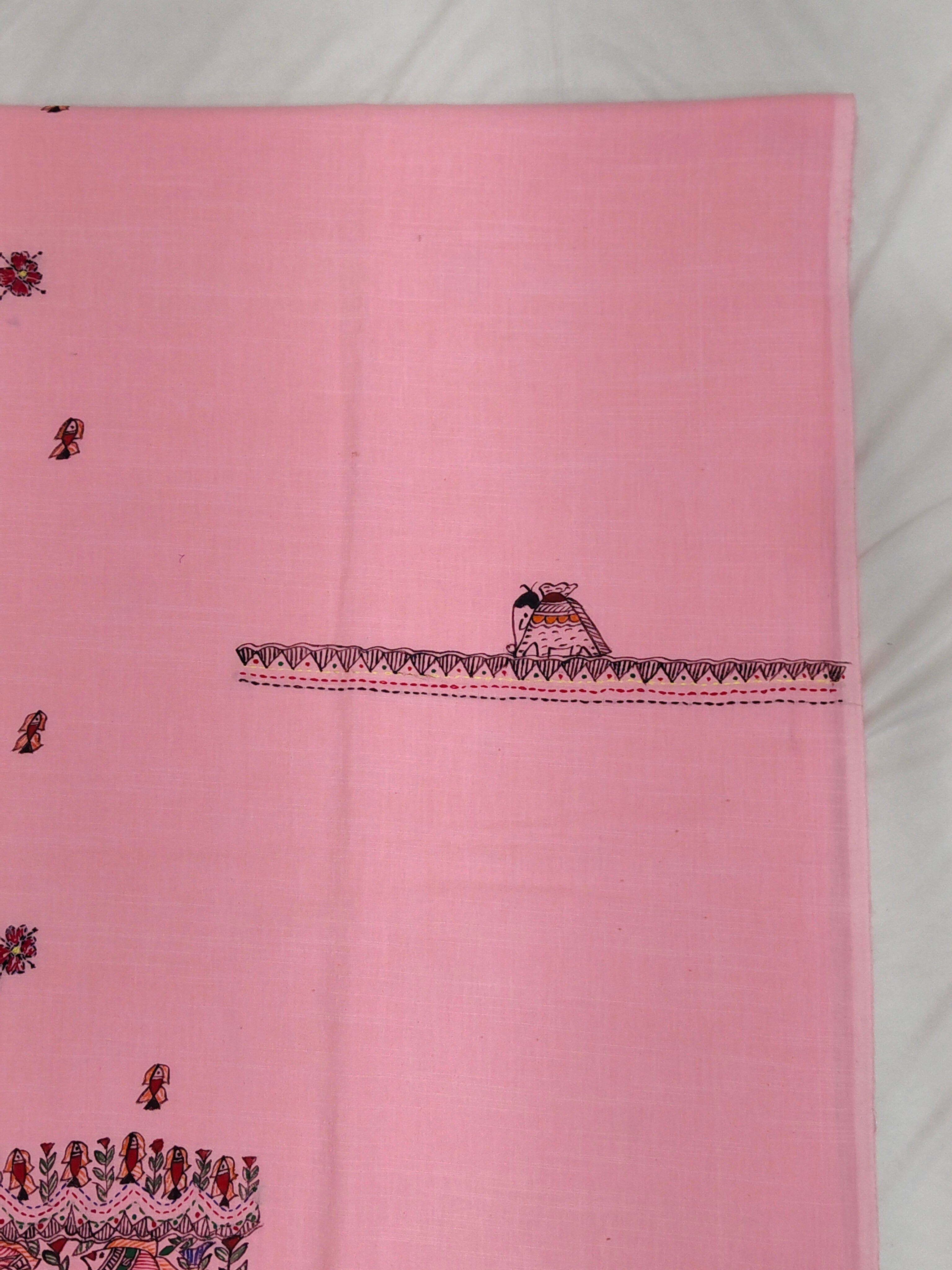 Hand-painted Madhubani with Sujni Embroidery Unstitched Suit Set on Cotton in Soft Pink