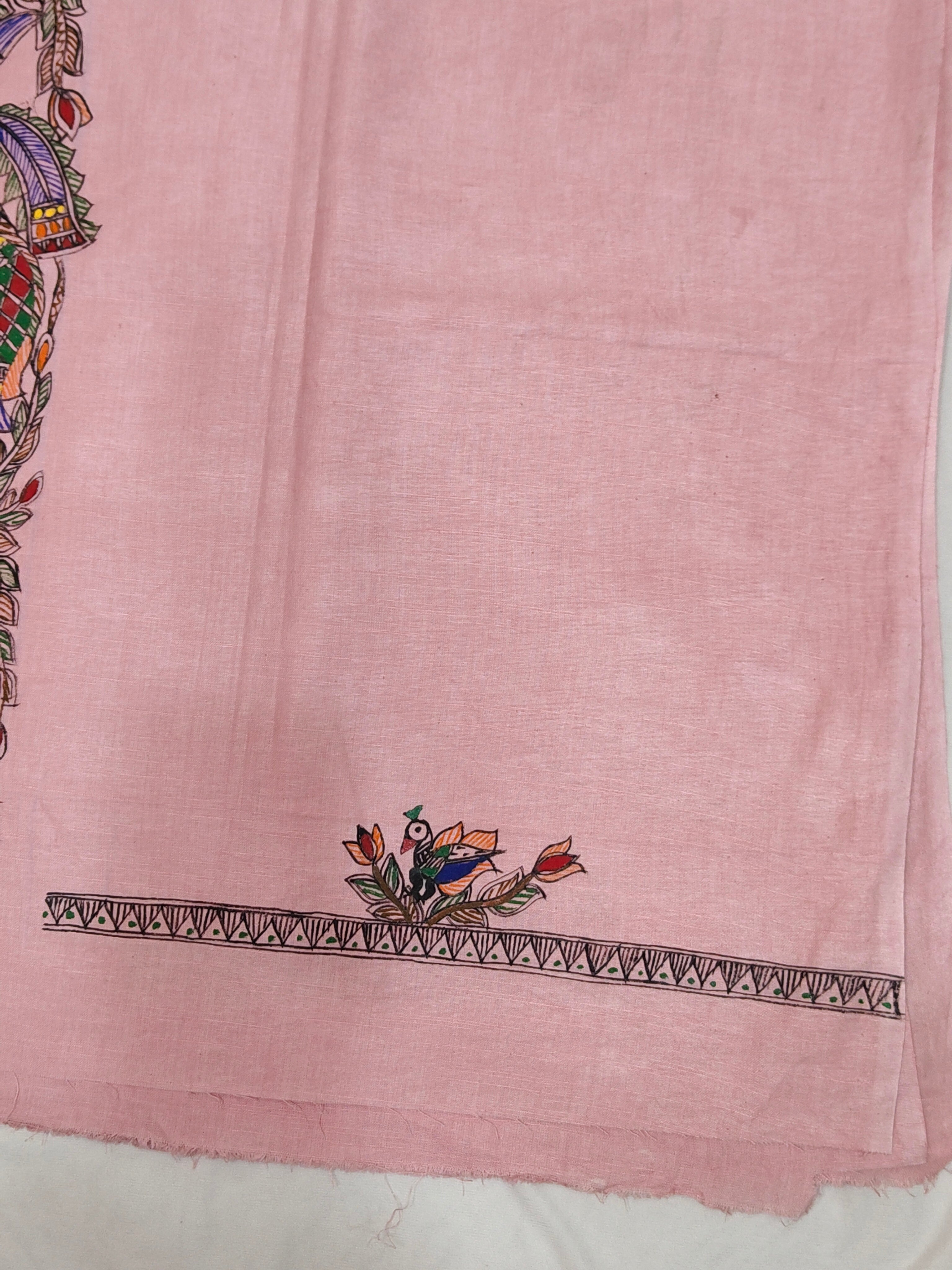 Hand-painted Madhubani Radha Krishna Unstitched Suit Set on Cotton in Blush Pink