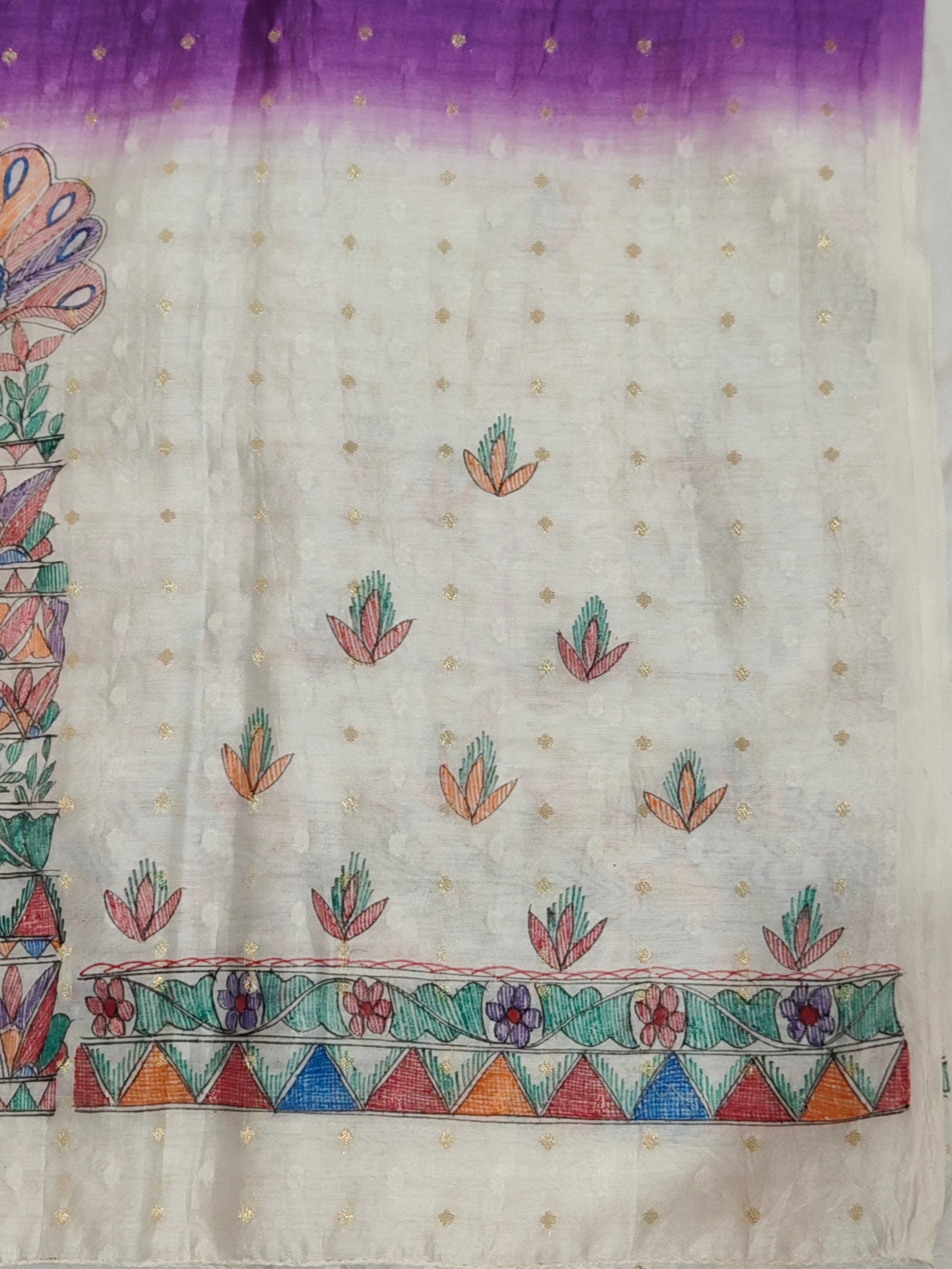 Hand-painted Madhubani with Bandhani - Unstitched Suit Set on Chanderi - Purple