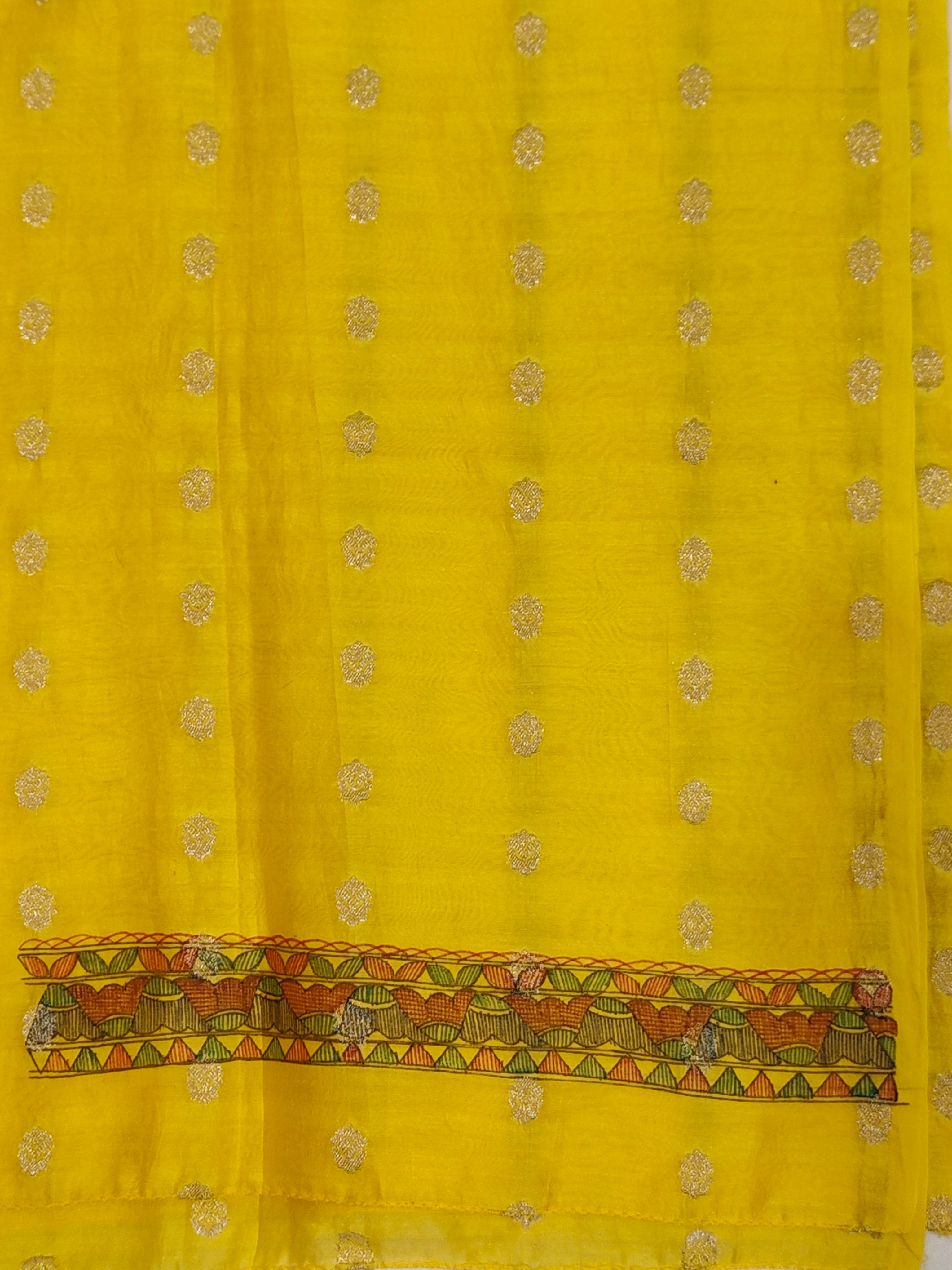 Hand-painted Madhubani Peacock & Floral Unstitched Suit Set on Chanderi in Sunshine Yellow