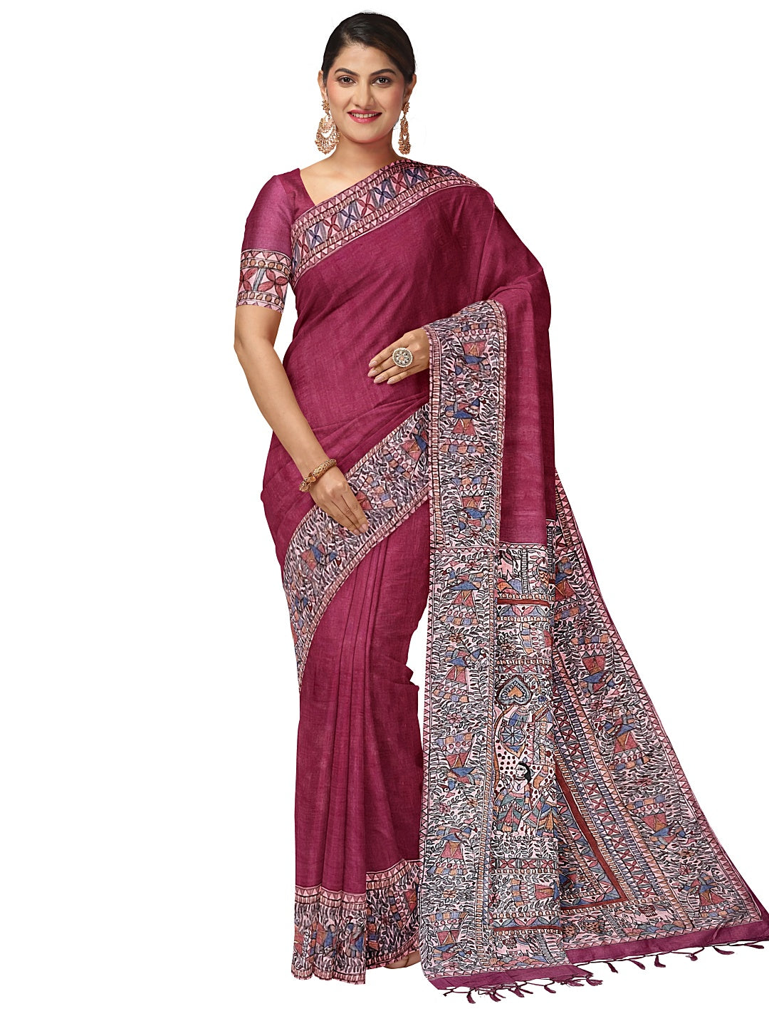 Hand-Woven Tussar Munga Silk Saree with Hand-Painted Madhubani Design