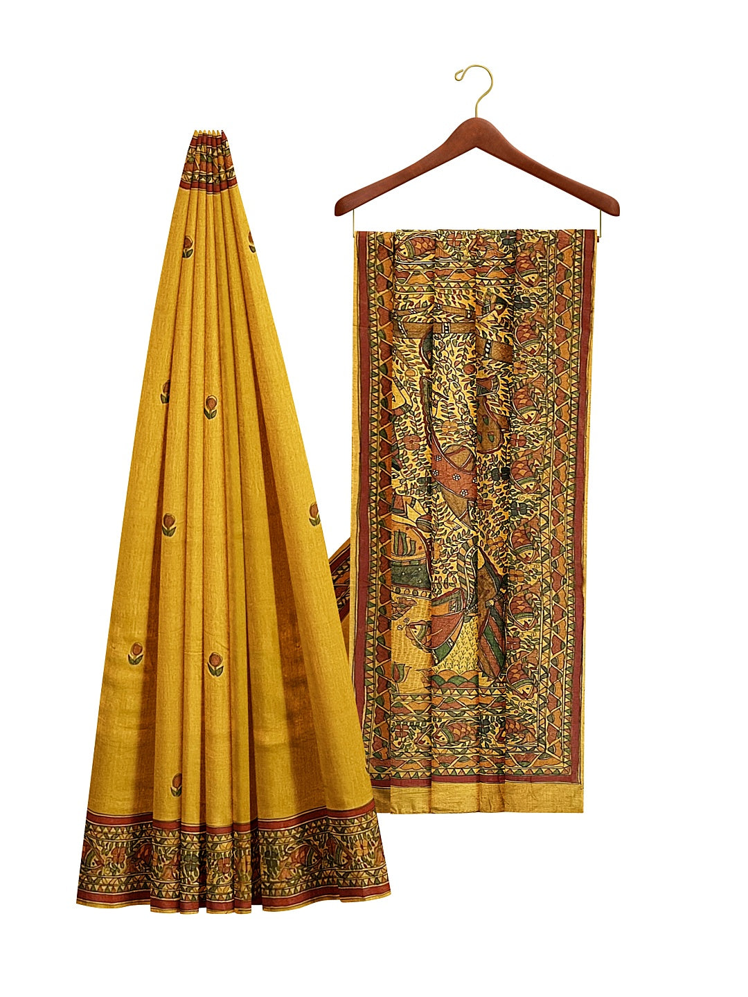 Hand-Painted Radha Krishna Jhulan Madhubani Saree