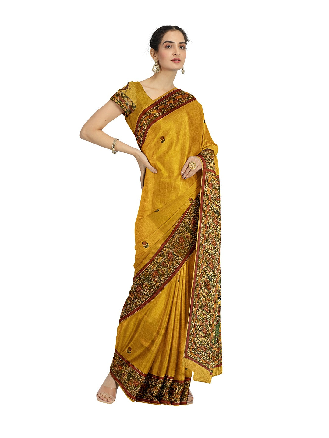 Hand-Painted Radha Krishna Jhulan Madhubani Saree