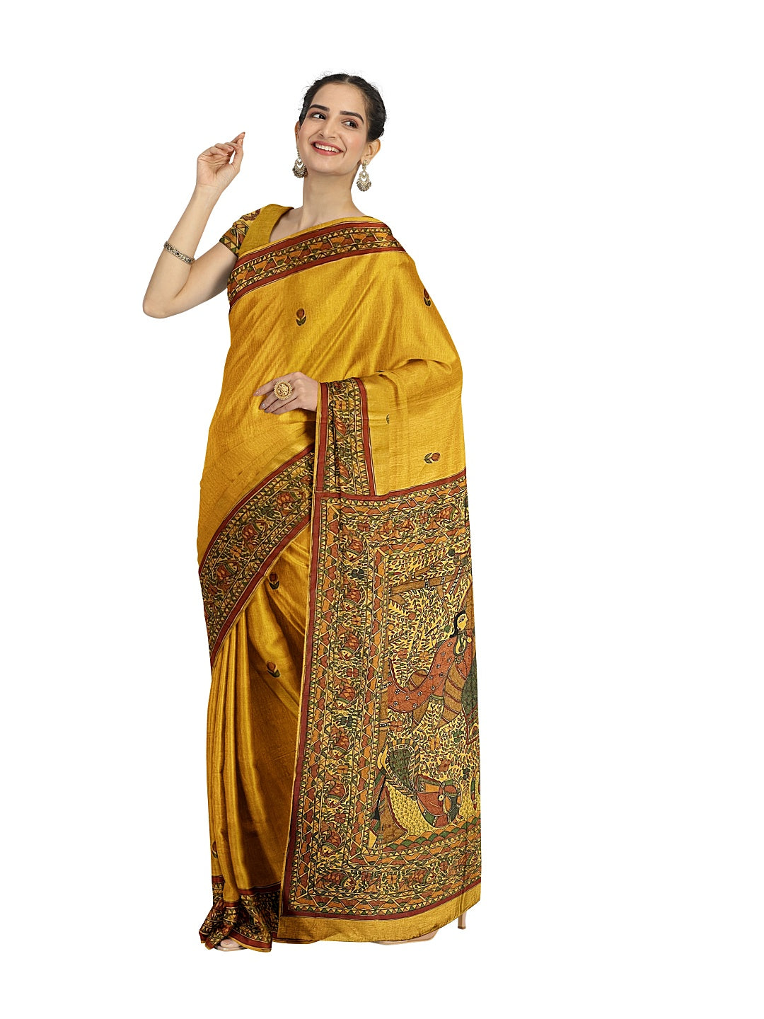 Hand-Painted Radha Krishna Jhulan Madhubani Saree