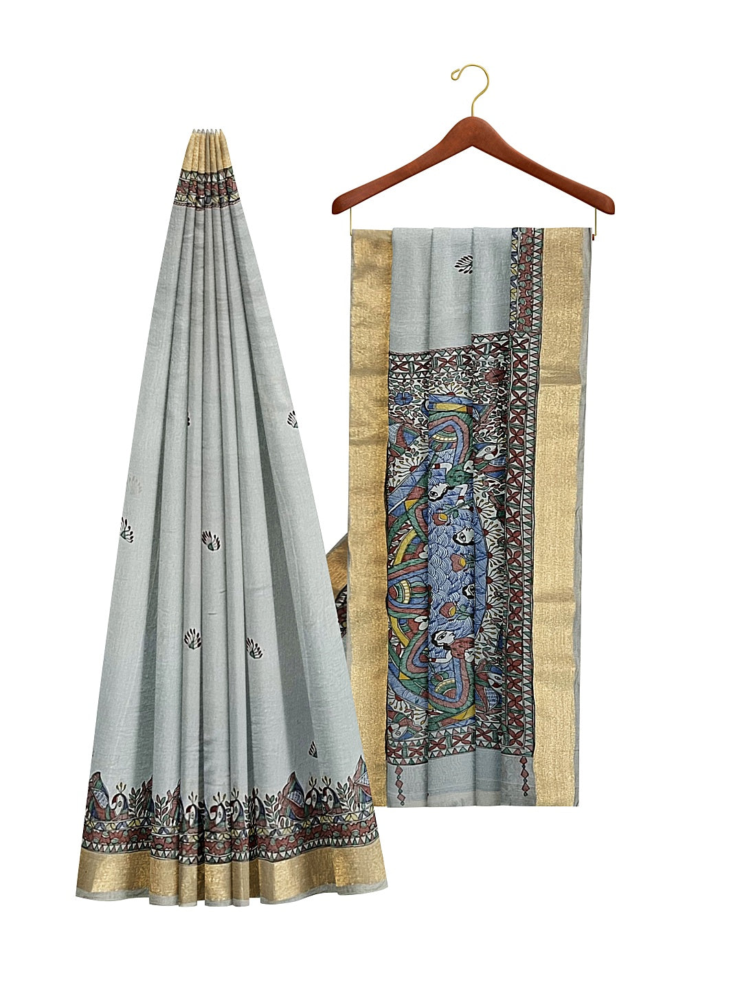 Powder Blue Hand-Painted Madhubani Saree on Chanderi Silk