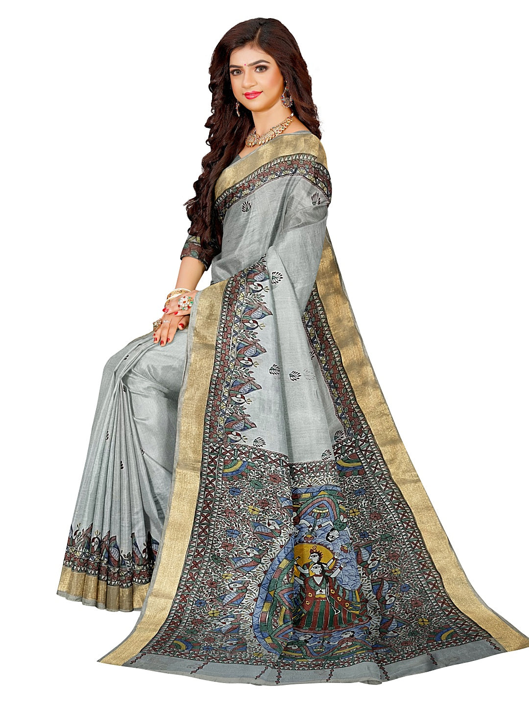 Powder Blue Hand-Painted Madhubani Saree on Chanderi Silk