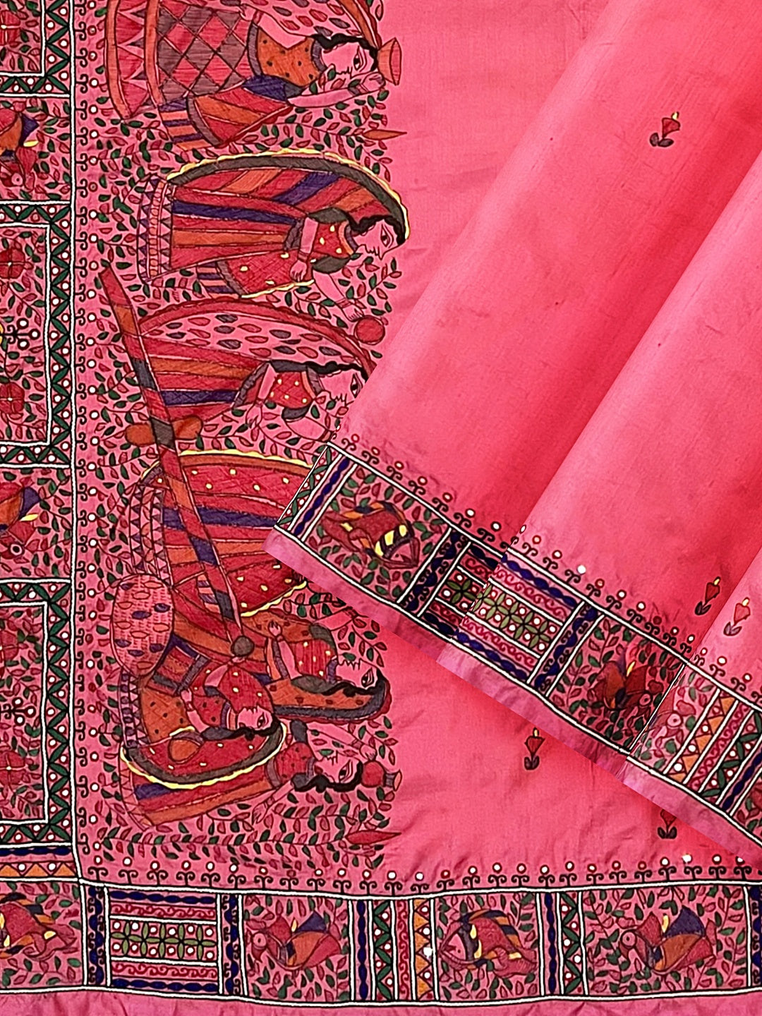 Hand-embroidered Hand-painted Murshidabad Silk Saree