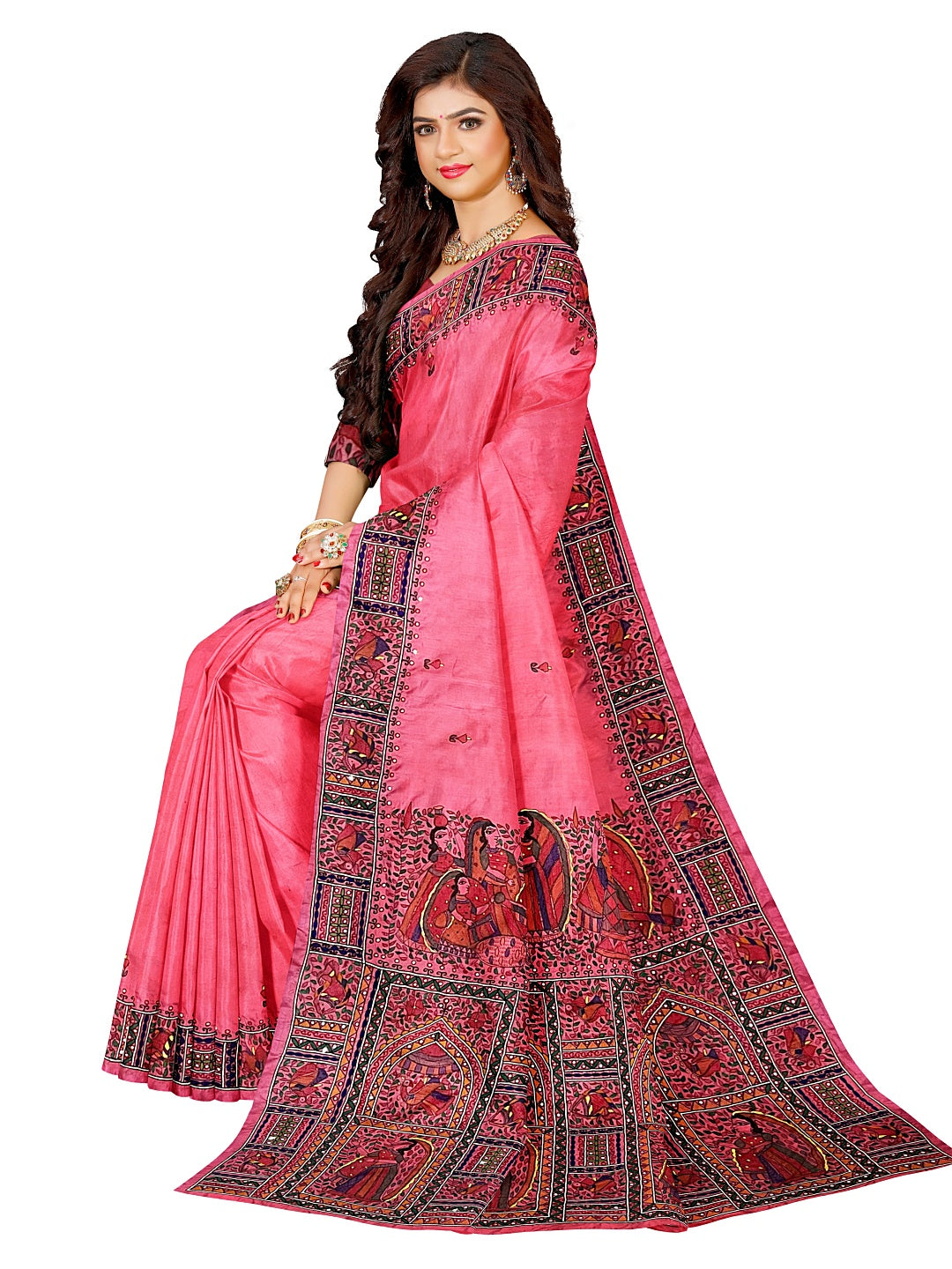 Hand-embroidered Hand-painted Murshidabad Silk Saree