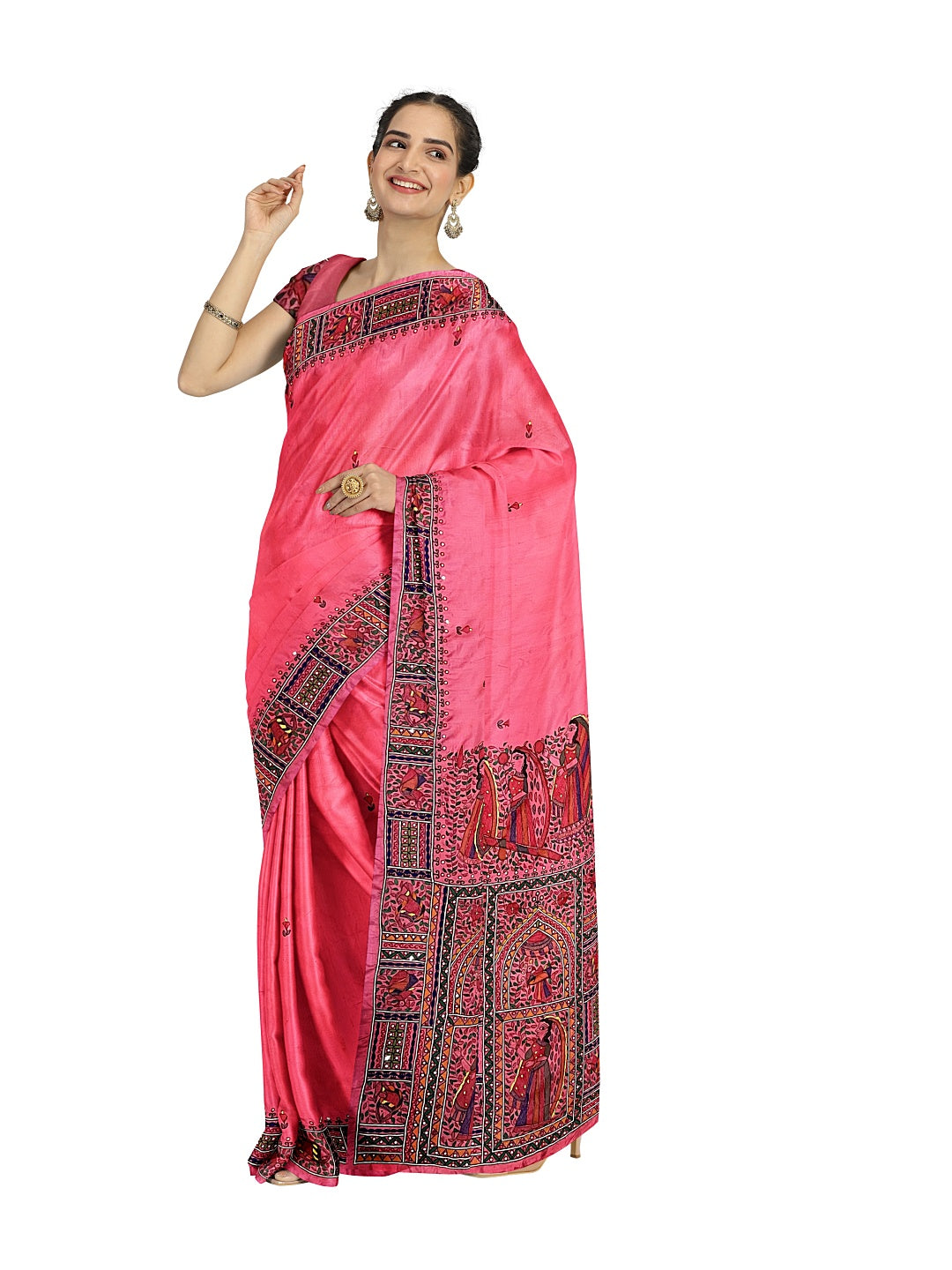 Hand-embroidered Hand-painted Murshidabad Silk Saree