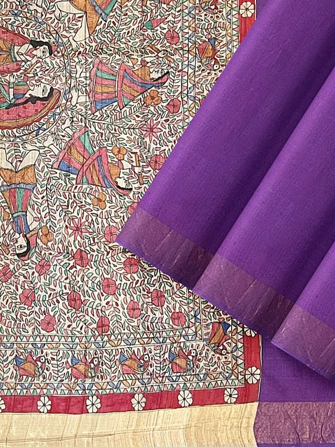 Hand-painted Madhubani Tussar Staple Silk Saree on Purple