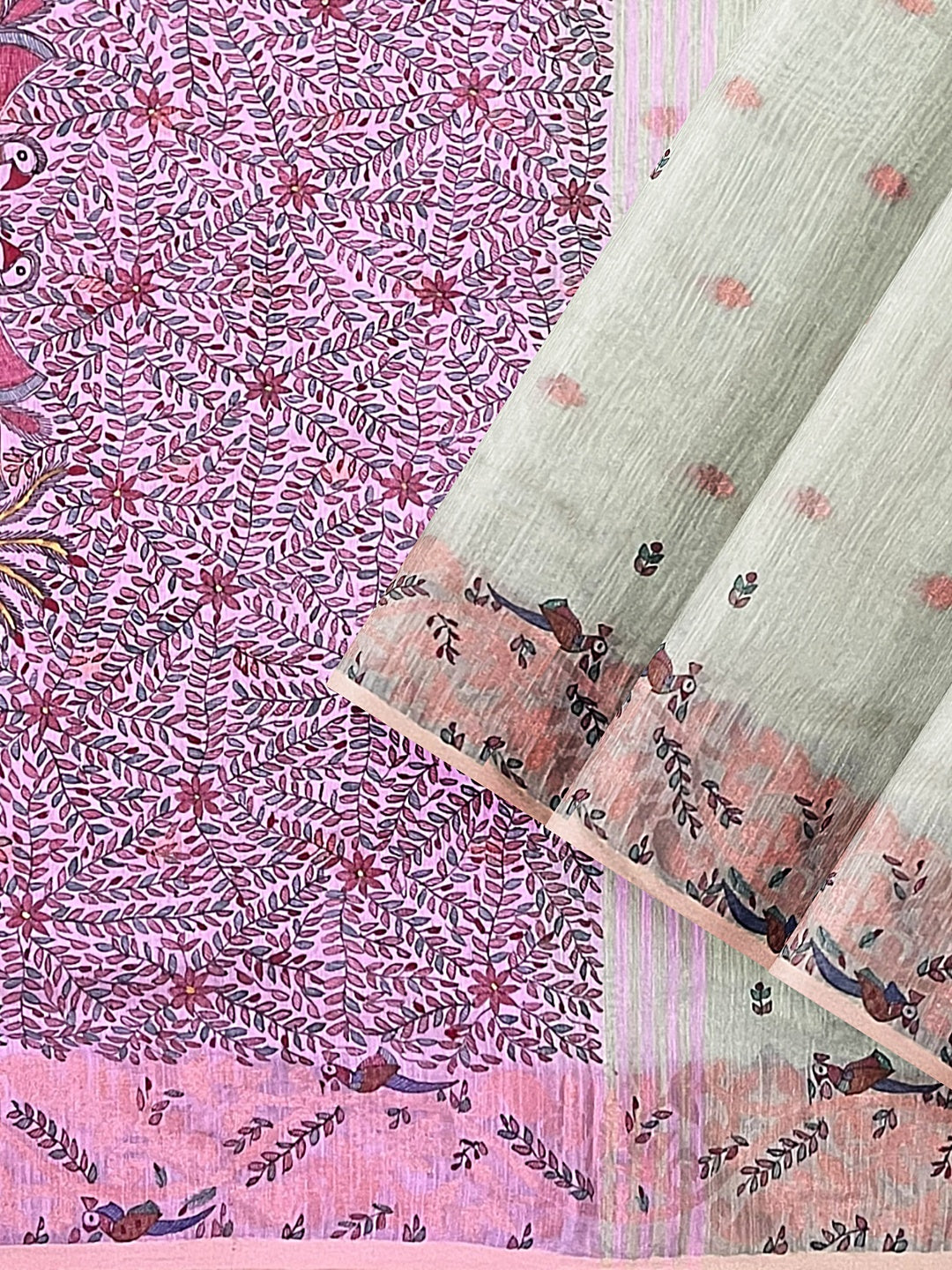 Jamdani Khadi Saree with Madhubani Art and Neem Zari