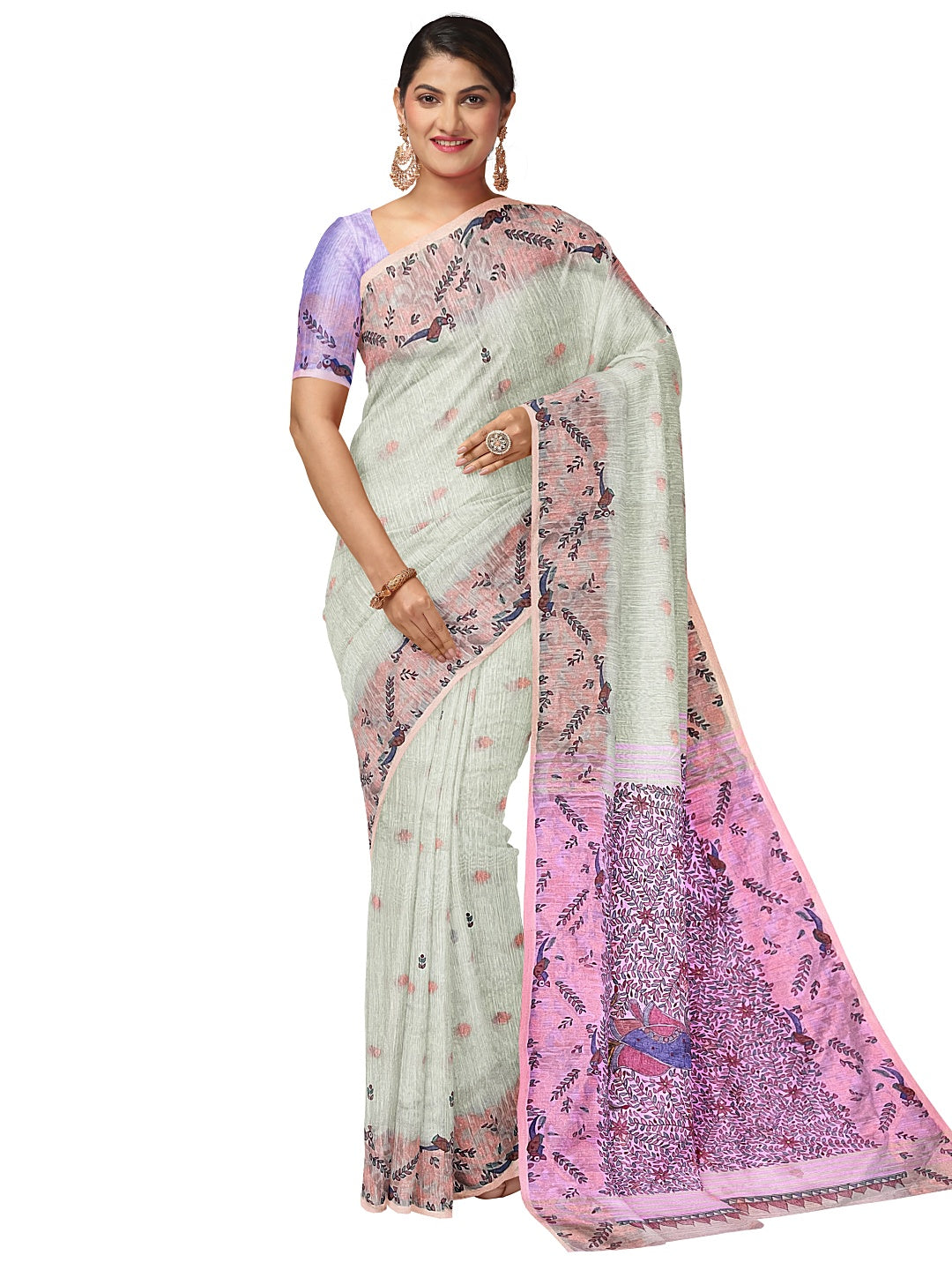 Jamdani Khadi Saree with Madhubani Art and Neem Zari