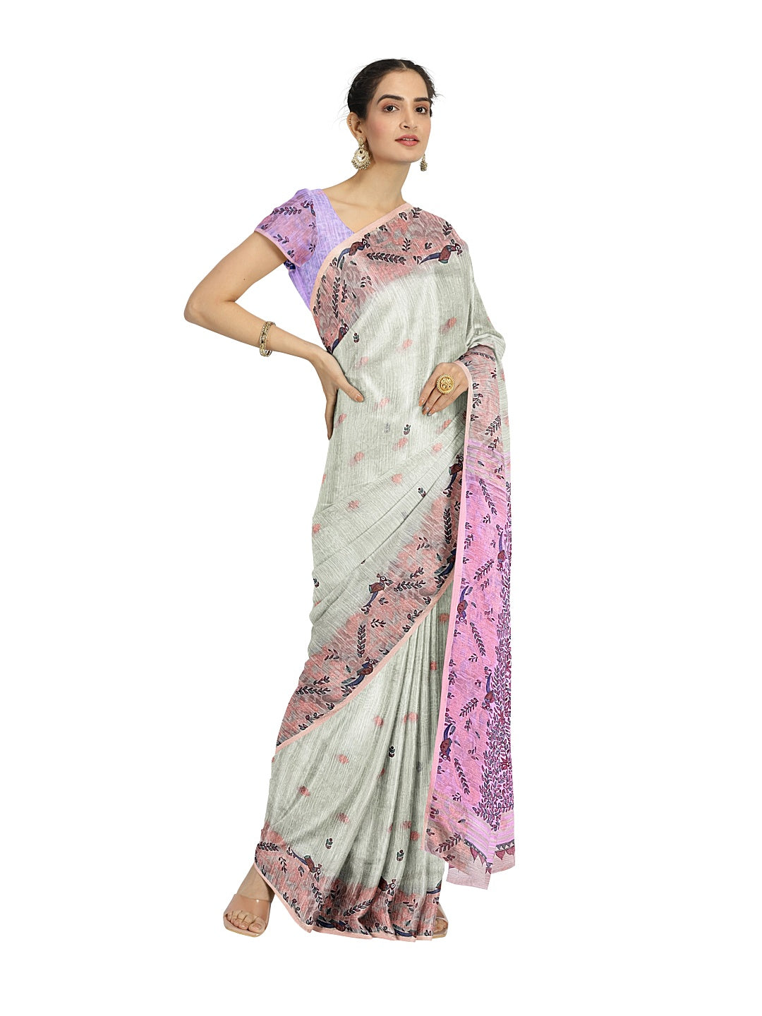 Jamdani Khadi Saree with Madhubani Art and Neem Zari