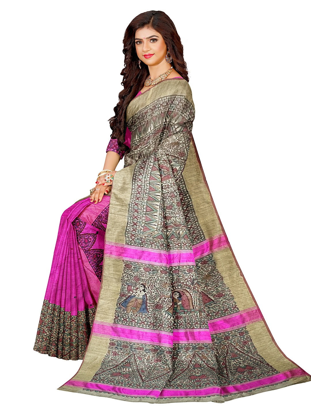 Hand-Woven Half-and-Half Madhubani Saree