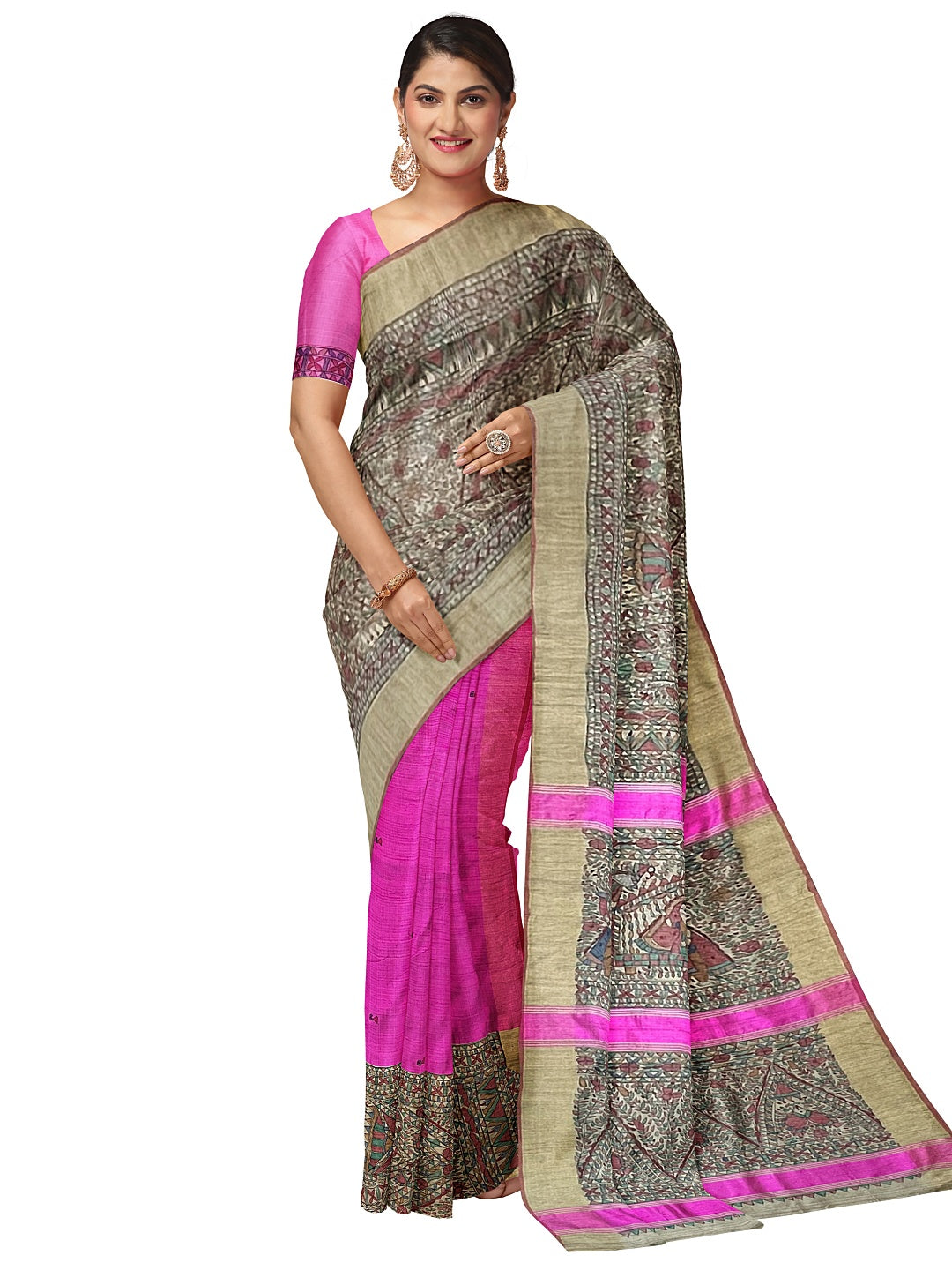 Hand-Woven Half-and-Half Madhubani Saree