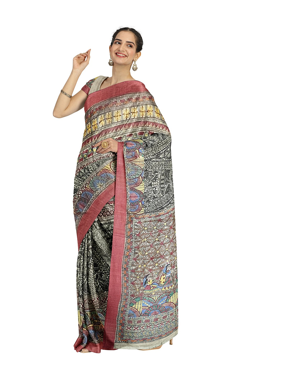 Hand-Woven Hand-Painted Madhubani Saree on Desi Tussar Silk- A Heritage Classic