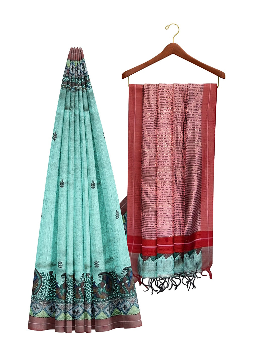 Handpainted Madhubani Saree with Sujani Embroidery on Dupion silk