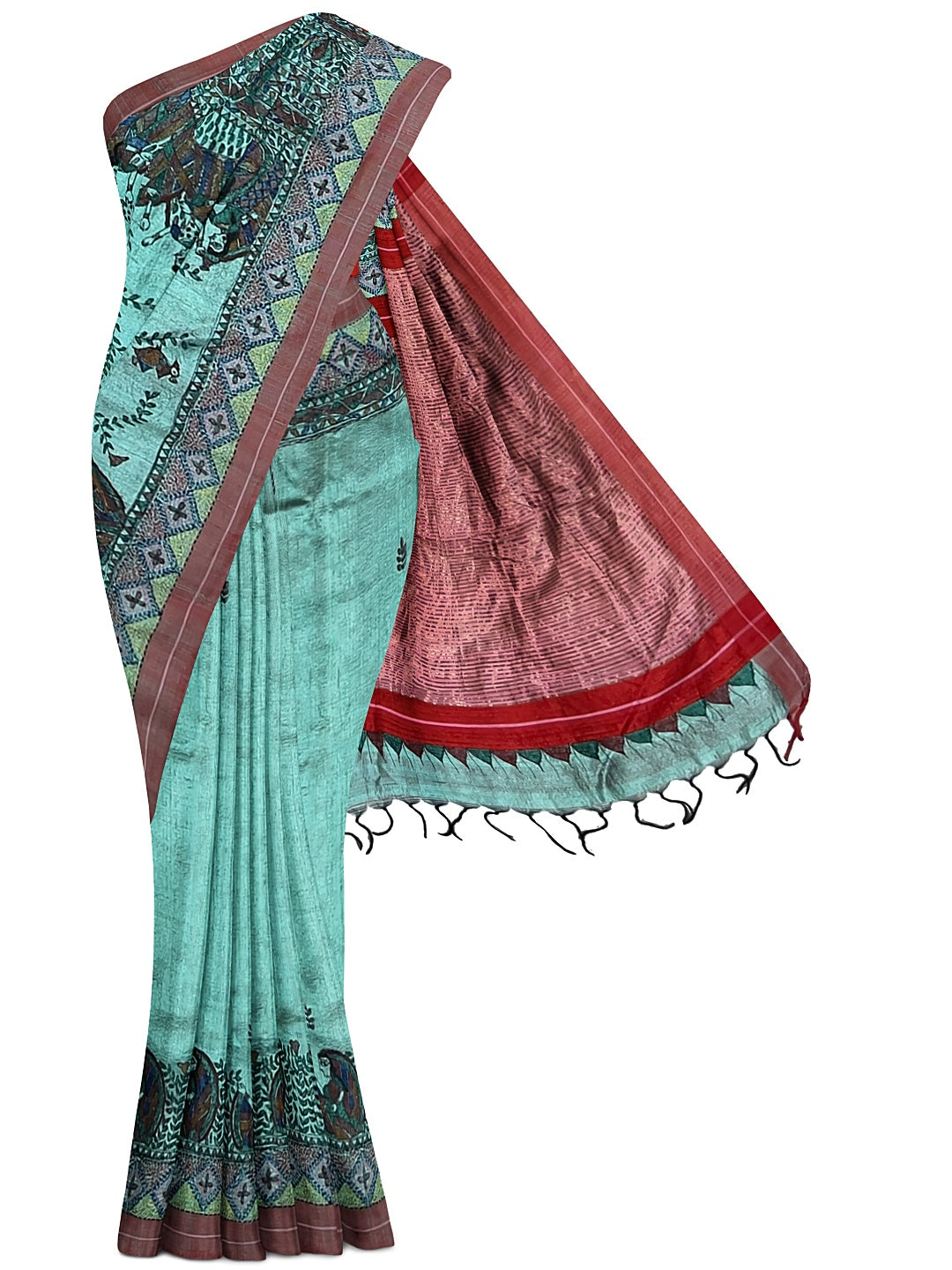 Handpainted Madhubani Saree with Sujani Embroidery on Dupion silk