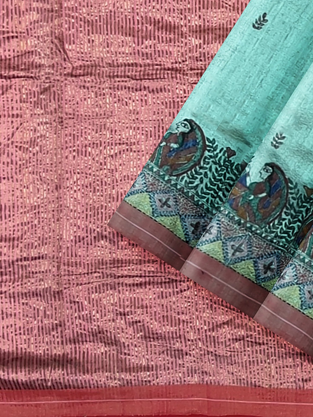 Handpainted Madhubani Saree with Sujani Embroidery on Dupion silk