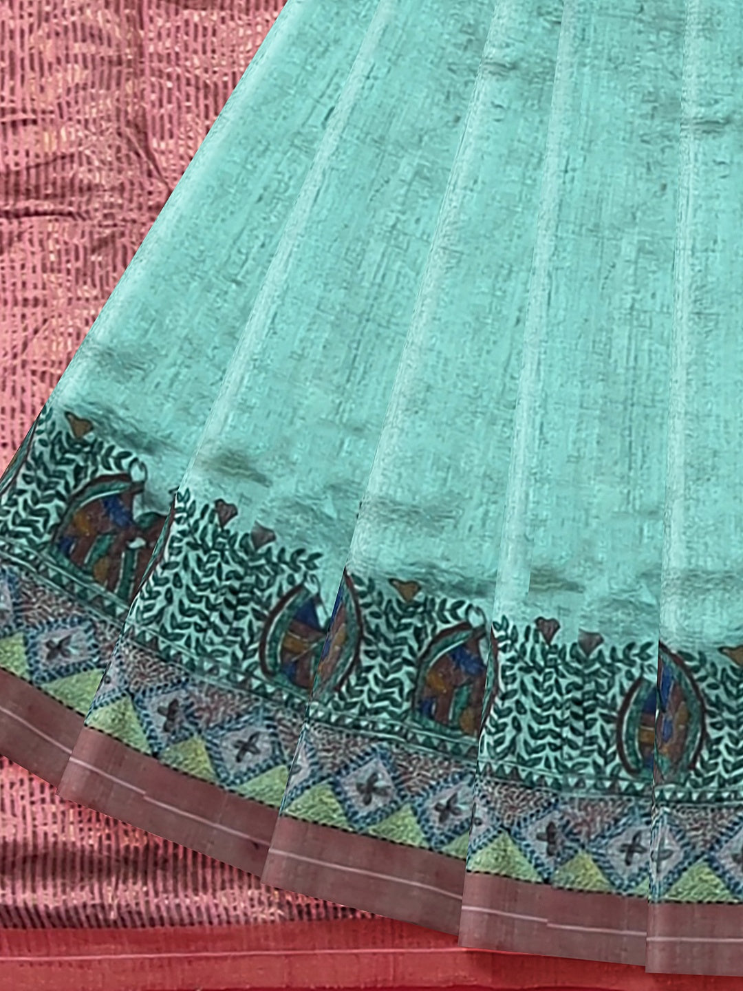 Handpainted Madhubani Saree with Sujani Embroidery on Dupion silk
