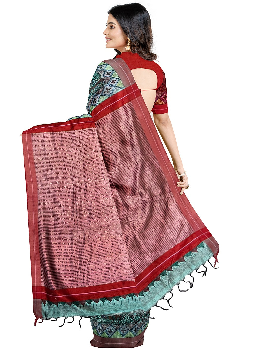 Handpainted Madhubani Saree with Sujani Embroidery on Dupion silk