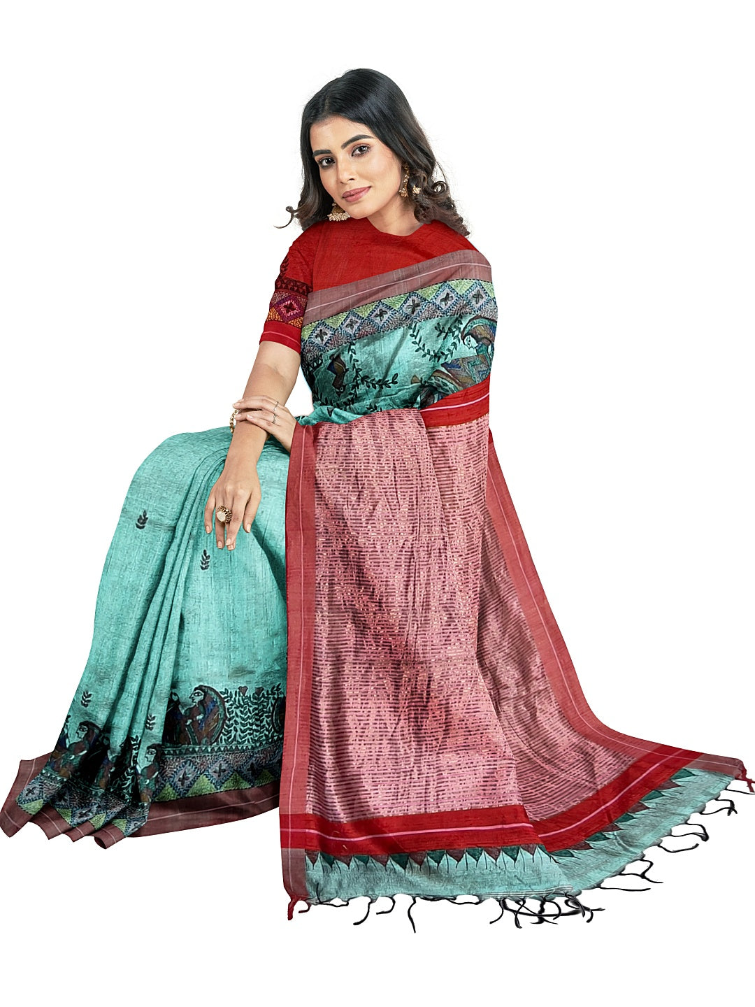 Handpainted Madhubani Saree with Sujani Embroidery on Dupion silk