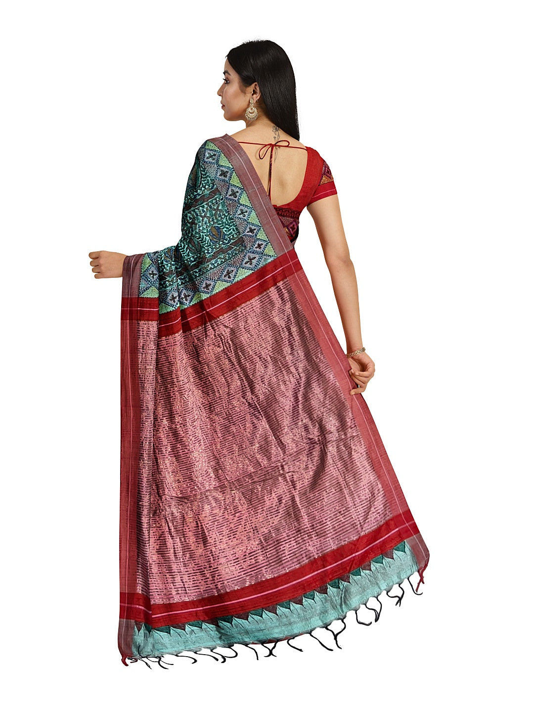 Handpainted Madhubani Saree with Sujani Embroidery on Dupion silk