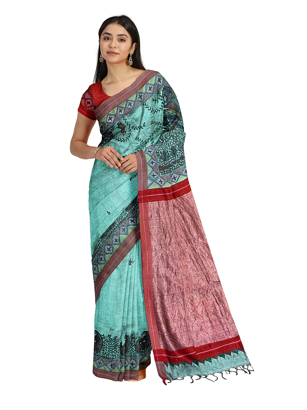 Handpainted Madhubani Saree with Sujani Embroidery on Dupion silk