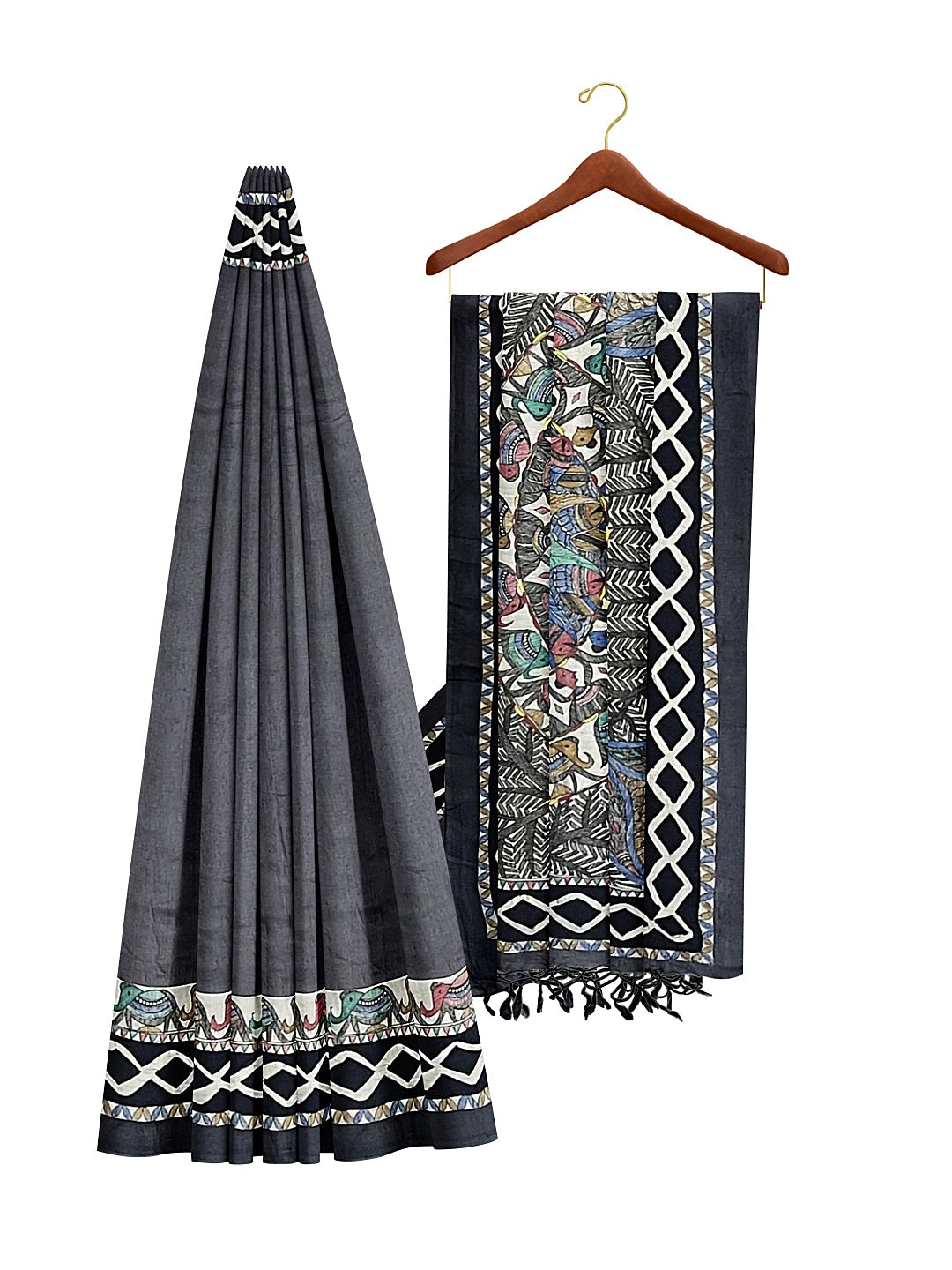 Handpainted Madhubani Saree in Godhna Style – Black Tussar Munga Silk