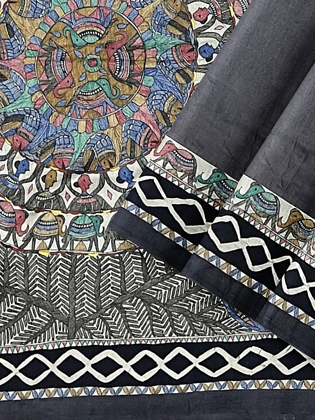 Handpainted Madhubani Saree in Godhna Style – Black Tussar Munga Silk