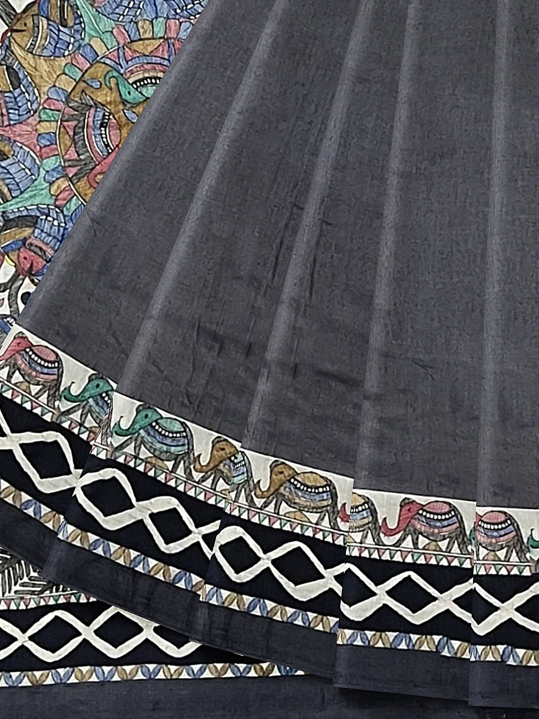 Handpainted Madhubani Saree in Godhna Style – Black Tussar Munga Silk