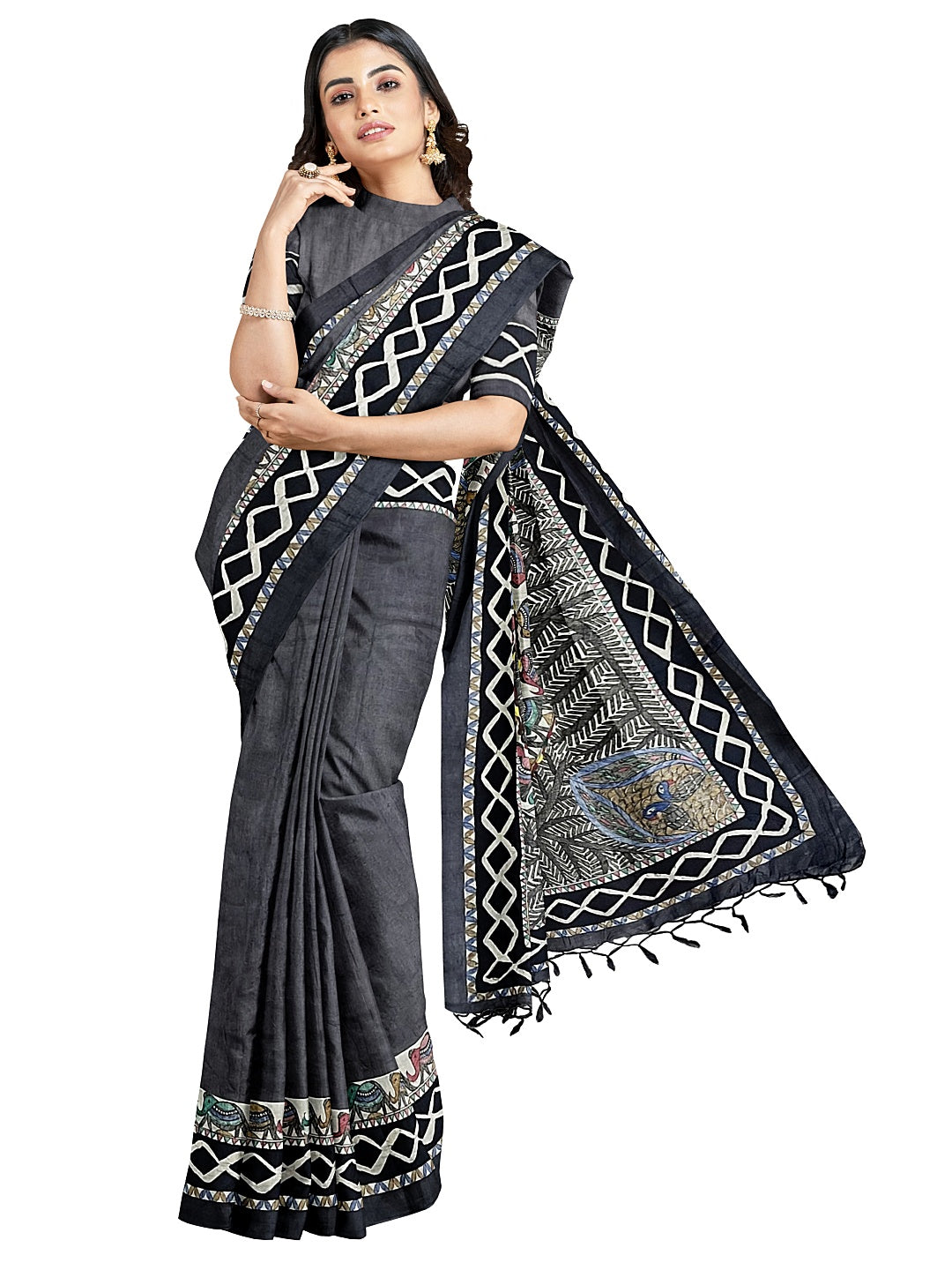 Handpainted Madhubani Saree in Godhna Style – Black Tussar Munga Silk