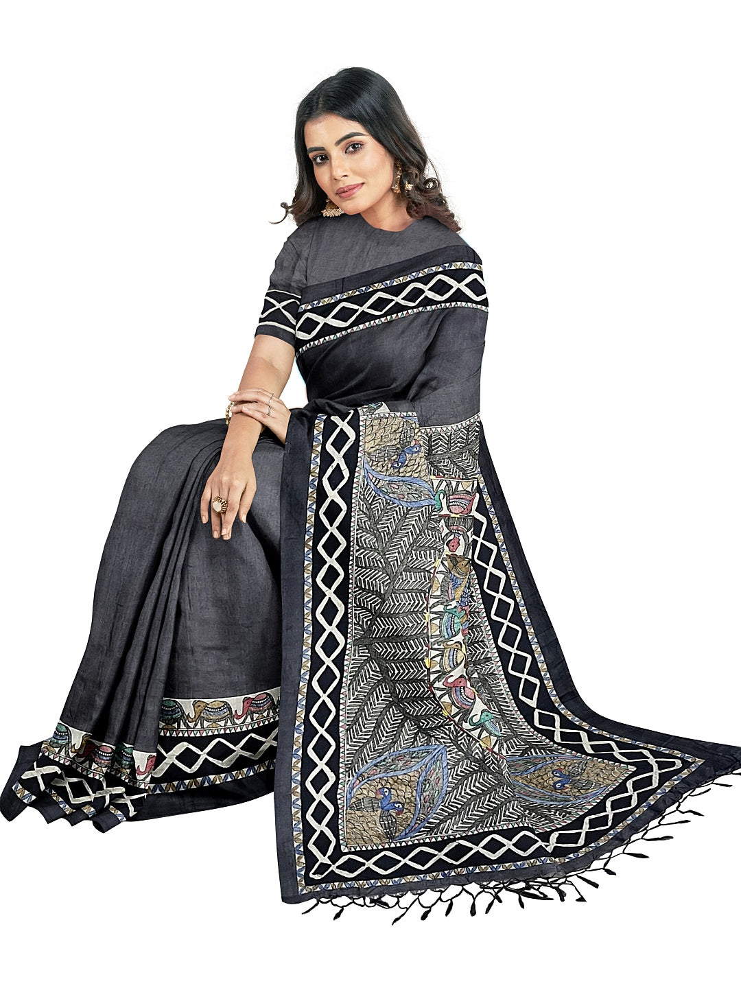 Handpainted Madhubani Saree in Godhna Style – Black Tussar Munga Silk