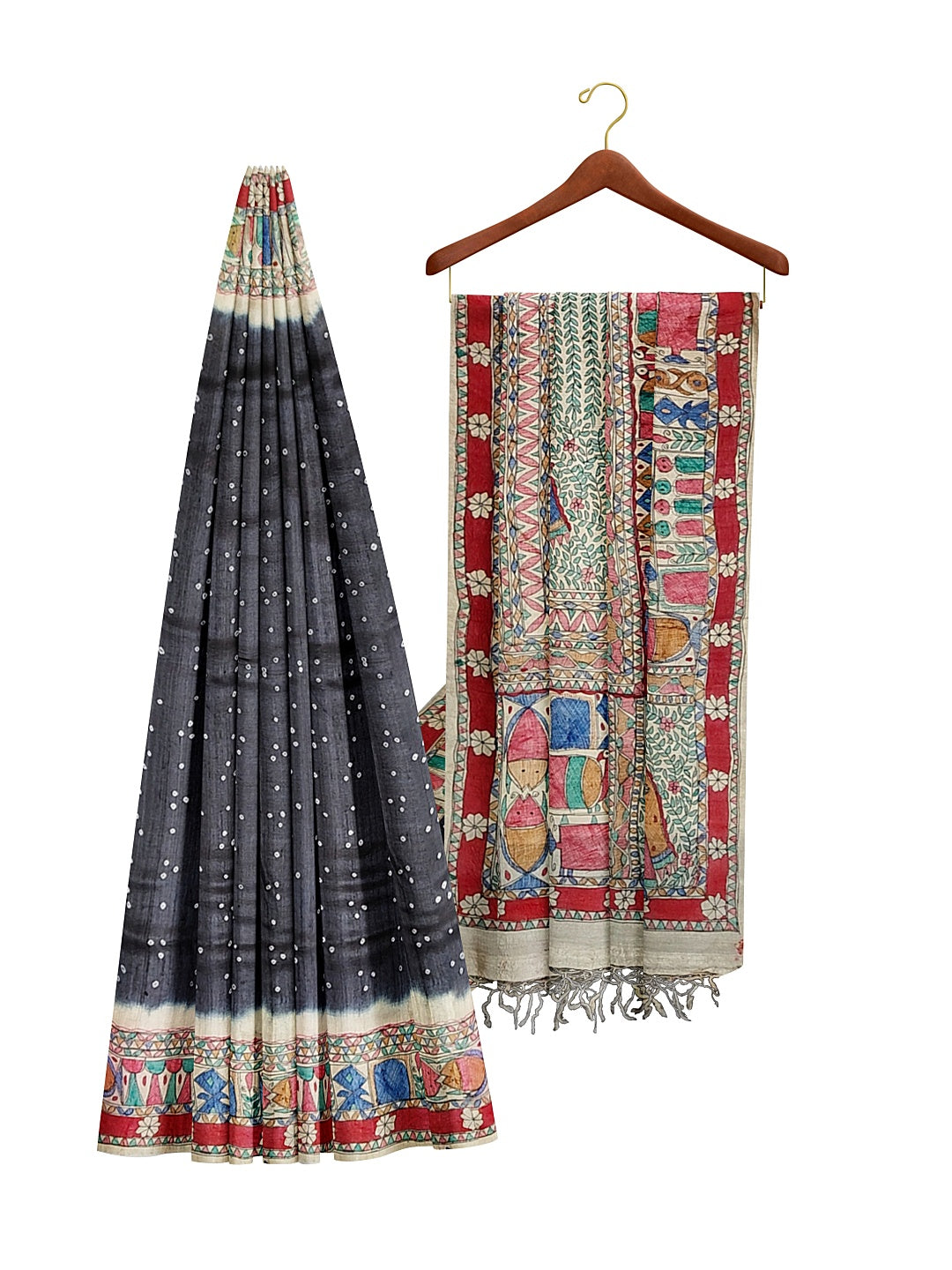 Handpainted Madhubani Saree on Tussar Munga Silk – Godhna Style with Bandhani Fusion