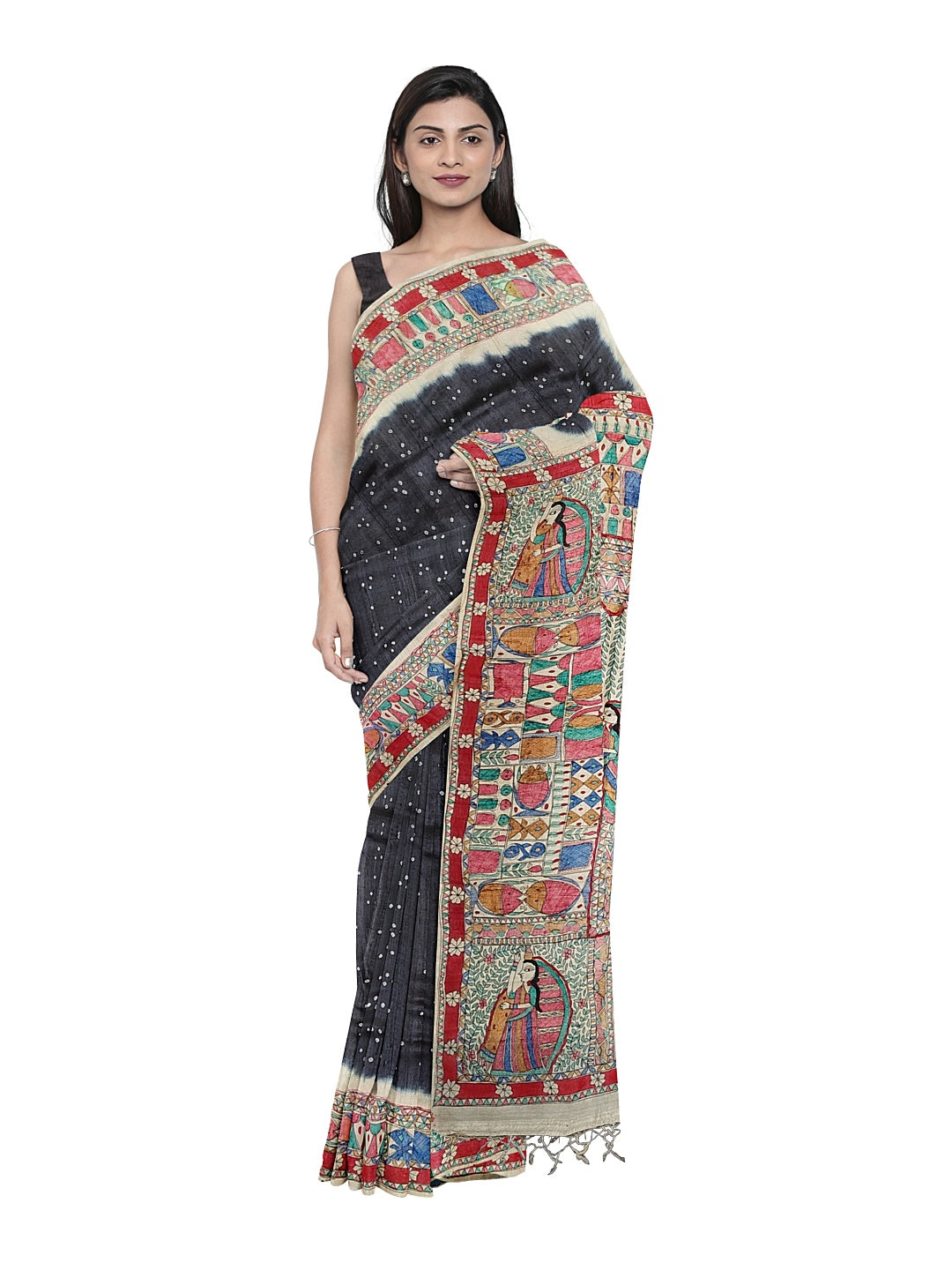 Handpainted Madhubani Saree on Tussar Munga Silk – Godhna Style with Bandhani Fusion