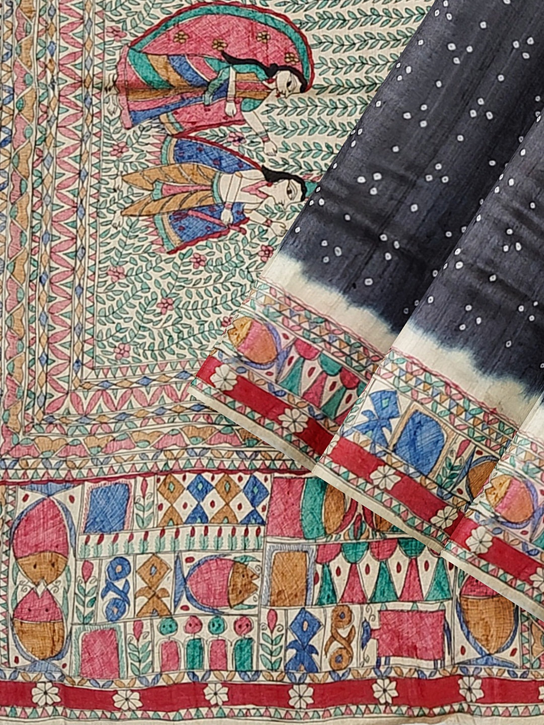 Handpainted Madhubani Saree on Tussar Munga Silk – Godhna Style with Bandhani Fusion