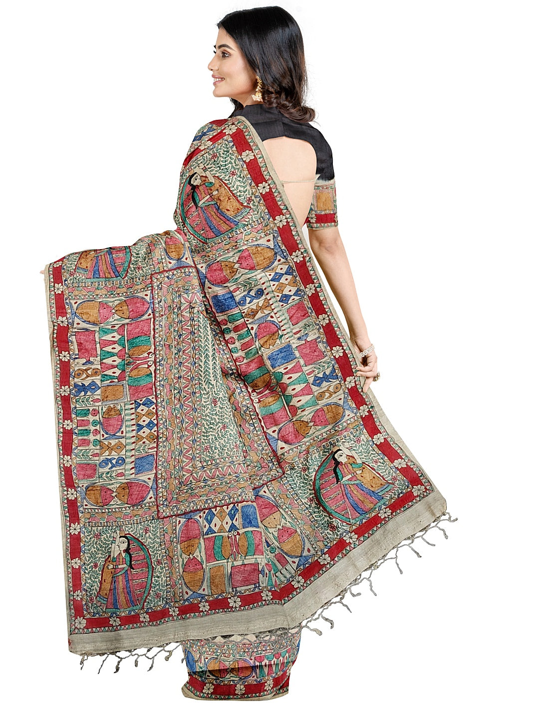 Handpainted Madhubani Saree on Tussar Munga Silk – Godhna Style with Bandhani Fusion