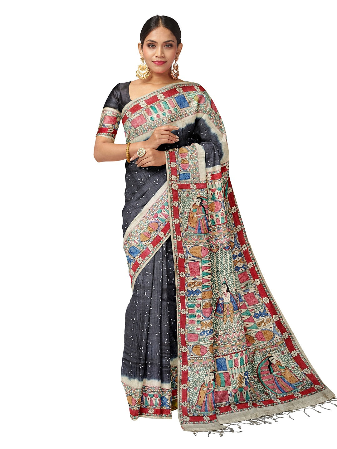 Handpainted Madhubani Saree on Tussar Munga Silk – Godhna Style with Bandhani Fusion